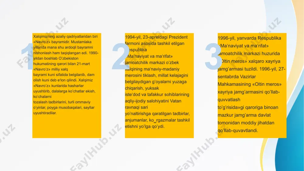 afaqat mahalliy teatr va tomosha guruhlarining chizishlariga, balki, uzoq va yaqin mamlakatlardan tashrif buyuradigan sahna guruhlari va atoqli artistlarning chiqishlariga ham mo‗ljallandi. 1991-yilda farg‘onada va 1993-yilda xivada davlat qo‘g‘irchoq tetrlari ish boshladi. 1994-yilda qashqadaryo va namangan viloyati teatrlari qoshida qo‘g‘irchoq guruhlari ochildi. me’morchilik madaniyati mustaqillik yillarida o’zbek me‘morchiligida jiddiy o’zgarishlar sodir bo’ldi. milliy me‘morchilikda yangilanish sodir bo’la boshladi. toshkent va boshqa shaharlar loihalarining qayta ko’rib chiqildi. avvalgi davrlarda qurilgan binolarning ta‘mirlash va qayta qurish va modernizatsiyalash ishlari olib borildi. bu xususiyat ma‘muriy va madaniy binolar, ularning badiiy konstruktiv echimida o’z ifodasini topdi. turkiston saroyi, temuriylar tarixi davlat muzeyi, toshkent shahar hokimligi, sheraton mehmonxonasi, me‘moriy majmualar: al-buxoriy, al-farg’oniy, xotira va qadrlash, shohidlar xotirasi va me‘moriy yodgorliklarda shu me‘morchilikdagi yangi jarayonlar o’zini yaqqol ko’rsatdi. bu yillarda park-bog‘ madaniyati va san‘ati rivojlandi. o’zbekiston milliy bog’i, akvapark, hayvonot bog’lari qaytadan ishlandi. rassomchilik va tasviriy san’at mustaqillik yillari rassomlik madaniyati va san‘atining mavzusi kengaydi. rassomlarning …
