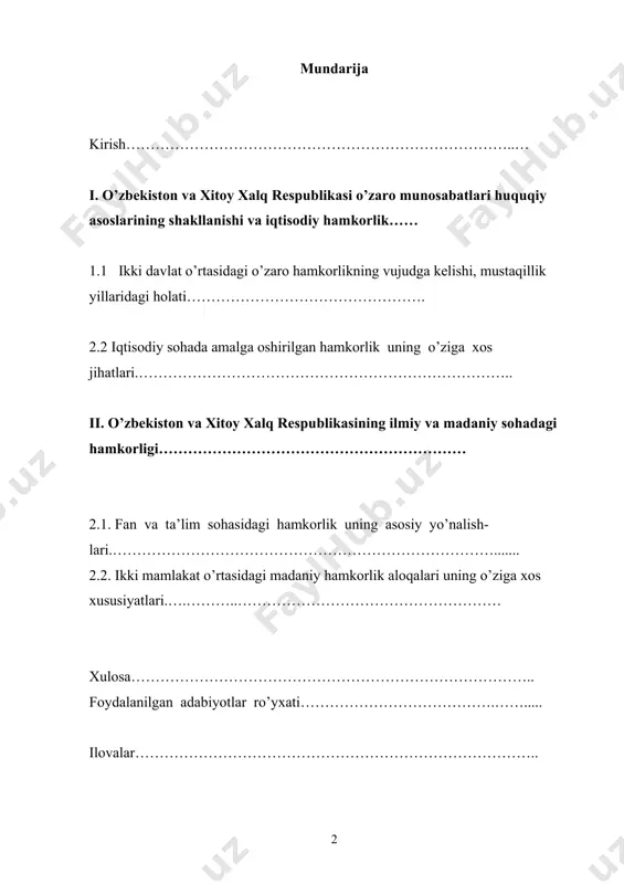 zining tashqi siyosatida osiyoning taraqqiy topgan mamlakatlari, xususan osiyo -tinch okeani mintaqasidagi janubi-sharq"iy va janubiy osiyo mamlakatlari bilan hamkorlik qilishga katta ahamiyat bermoqda. o’zbekiston respublikasi prezidenti i.a.karimov bu xususda: "sharqiy va janubi-sharqiy osiyo mamlakatlari - yaponiya, janubiy koreya, xitoy, vyetnam, malayziya, hindiston, indoneziya va boshqa mamlakatlar bilan aloqalarimiz mustahkamlanib borayotganligini alohida mamnuniyat bilan ta’kidlab o’tmoqchiman", - degan fikrni bildirgan edi.2 hozirgi davrda xitoy xalq respublikasi bilan keng miqyosli aloqalarni amalga oshirish o’zbekiston tashqi siyosatidagi ustuvor yo’nalishlardan biridir. shu bilan birga, xitoy tashqi siyosiy strategiyasida markaziy osiyo davlatlari, xususan, o’zbekiston bilan hamkorlik eng asosiy va muhim yo’nalishlardan biri hisoblanadi. bugungi kunda zamonaviy tarix fani oldida turgan dolzarb vazifalardan biri - mustaqil rivojlanish jarayoni, mamlakat ichki va tashqi siyosiy faoliyatini chuqur tadqiq etish va har tomonlama xolis yoritishdan iborat. shuning uchun ham respublika tashqi siyosatining shakllanishi, asosiy tamoyillari, jahon mamlakatlari bilan ikki tomonlama hamkorlik aloqalari tarixi va tadrijini o’rganish muhim ahamiyatga ega. …