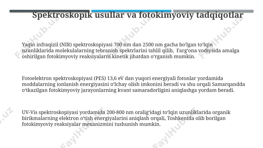 ar natijalariga ko'ra o'zgartirish mumkin. fotokimyoviy reaksiyalar turlari fotokimyoviy reaksiyalar orasida 250 nm dan past to'lqin uzunliklaridagi ultrabinafsha nurlanish ta'sirida sodir bo'ladigan fotodissosiatsiya jarayonlari, masalan, ozon qatlami ustida o3 molekulalarining parchalash reaksiyalari muhim o'rin tutadi. fotosintez kabi tabiiy fotokimyoviy jarayonlar 400-700 nm to'lqin uzunlikdagi ko'rinadigan nurlanish orqali o'simliklar, suv o'tlari va ba'zi bakteriyalar tomonidan amalga oshiriladi, bu yerda 100 dan ortiq bosqichli murakkab reaksiyalar zanjirlari mavjud. fotooksidlanish reaksiyalari, masalan, havo ifloslanishiga olib keladigan nox birikmalarining shahar muhitida 300-400 nm to'lqin uzunliklaridagi quyosh nurlari ta'sirida oksidlanishi, global ekologik muammolarga olib keladi. elektron qo'zg'alishi va relaksatsiya mexanizmlari jablonskiy diagrammasi, moskva davlat universiteti olimlari tomonidan keng qo'llaniladigan usul, elektron qo'zg'alish va relaksatsiya mexanizmlarini 3 ta asosiy holat, s0, s1 va t1 orqali aniq tasvirlaydi. elektron qo'zg'alishi 254 nm to'lqin uzunligidagi ultroviy nurlanish ta'sirida, masalan, organik molekulalarda pi-elektronlarning yuqori energiyali orbitalarga o'tishi natijasida sodir bo'ladi. relaksatsiya jarayonida, qo'zg'algan elektronlarning energiyasi issiqlik (issiqlik tarqalishi) yoki …