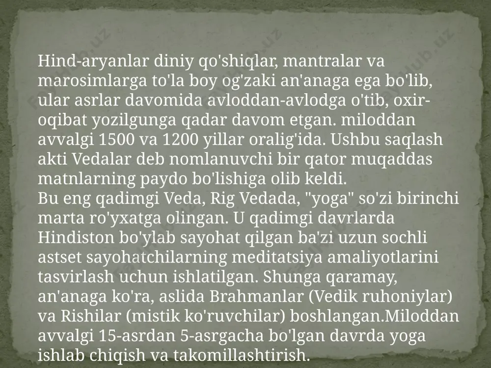 raga, xudoning suratiga yoki burnining tepasiga mahkamlash mumkin. dharana ongni bir fikrdan ikkinchisiga o'tishga yordam beradi va shu bilan amaliyotchining diqqatni jamlash qobiliyatini oshiradi. dhyana (konsentrlangan meditatsiya): ushbu bosqichda ongni tayyorlashga o'tish. , yogi o'z fikrini bitta sobit ob'ektga qaratib, hukmsiz meditatsiya turini mashq qilishi kerak. dhyana orqali ong o'zining oldindan o'ylangan g'oyalaridan ozod bo'lib, amaliyotchiga o'z diqqatini faol ravishda jalb qilish imkonini beradi. samadxi (to'liq o'zini o'zi yig'ish): bu diqqatni jamlashning eng yuqori holatidir. inson erisha oladi. samadxi orqali meditatorning ong oqimi undan diqqat markaziga erkin oqadi. bundan tashqari, yogi ham ushbu bosqichga yetishi bilan voqelikning yuqori va sof shakliga kirish imkoniyatiga ega bo'ladi, deb hisoblanadi. yoga qon bosimini tartibga solishga yordam beradi, bu esa o'z navbatida yurak xuruji xavfini kamaytiradi yoga tananing moslashuvchanligini, muvozanatini va kuchini yaxshilashga yordam beradi yoga bilan bog'liq nafas olish mashqlari nafas olish tizimining funktsiyalarini yaxshilaydi yoga bilan shug'ullanish stressni ham kamaytiradi yoga bo'g'inlar …