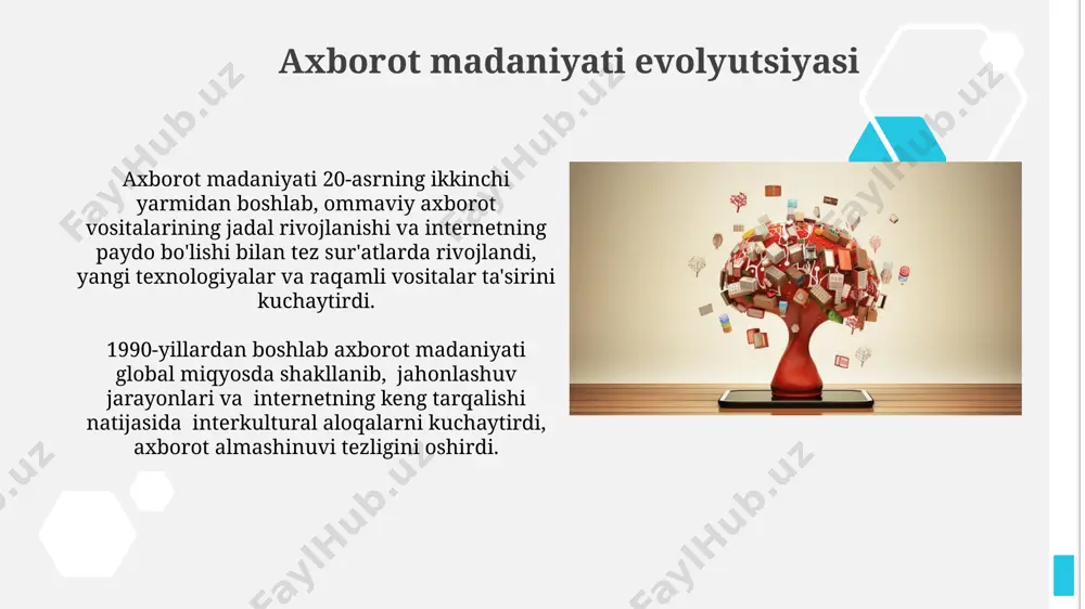 raqamli texnologiyalar axborot manbalarining xilma-xilligini sezilarli darajada oshirdi, shu jumladan internet, ijtimoiy tarmoqlar va mobil qurilmalar orqali 100 millionlab manbalarga kirish imkoniyatini yaratdi. matbuot, radio, televidenie kabi an'anaviy axborot manbalariga qo'shimcha ravishda, bloglar, podcastlar, videobloglar kabi yangi shakllar paydo bo'lib, axborot iste'molini diversifikatsiya qildi. global miqyosda axborot madaniyati жаҳон миқёсидаги ахборот маданиятини шакллантиришда ижтимоий тармоқларнинг ролини, хусусан, улар орқали тарқатилаётган фейк-нюс ва дезинформациянинг таъсирини таҳлил қилиш, бундай хатарларни камайтириш бўйича 5 тадан ортиқ халқаро ташаббусларнинг самарадорлигини ўрганиш зарур. жаҳон миқёсидаги ахборот маданиятининг ривожланишига 21-асрдаги рақамли технологияларнинг тезкор тараққиёти ва интернетнинг кенг ёйилиши катта таъсир кўрсатди, бу эса ахборотга кириш имкониятларини 7 млрд.дан ортиқ аҳоли учун кенгайтирди. mediya savodxonligi tushunchasining paydo boʻlishi mediya savodxonligi tushunchasi 20-asrning ikkinchi yarmida, ommaviy axborot vositalarining jadal rivojlanishi va ommaviy madaniyatning keng tarqalishi davrida shakllana boshladi. "mediya savodxonligi" termini o'zining hozirgi ma'nosida 20-asrning oxirlarida, raqamli texnologiyalar va internetning paydo bo'lishi bilan birga mustahkamlandi va keng qo'llanila …