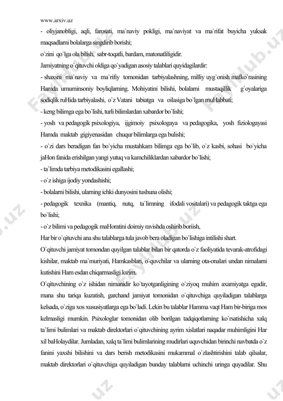 bilan bir qatorda o`z faoliyatida tevarak-atrofidagi kishilar, maktab ma`muriyati, hamkasblari, o`quvchilar va ularning ota-onalari undan nimalarni kutishini ham esdan chiqarmasligi lozim. o`qituvchining o`z ishidan nimanidir ko`tayotganligining o`ziyoq muhim axamiyatga egadir, mana shu tariqa kuzatish, garchand jamiyat tomonidan o`qituvchiga quyiladigan talablarga kelsada, o`ziga xos xususiyatlarga ega bo`ladi. lekin bu talablar hamma vaqt ham bir-biriga mos kelmasligi mumkin. psixologlar tomonidan olib borilgan tadqiqotlarning ko`rsatishicha xalq ta`limi bulimlari va maktab direktorlari o`qituvchining ayrim xislatlari naqadar muhimligini har xil baholaydilar. jumladan, xalq ta`limi bulimlarining mudirlari uquvchidan birinchi navbatda o`z fanini yaxshi bilishini va dars berish metodikasini mukammal o`zlashtirishini talab qilsalar, maktab direktorlari o`qituvchiga quyiladigan bunday talablarni uchinchi uringa quyadilar. shu bilan birga xalq ta`limi bulimlarining mudirlari o`qituvchilarning o`quvchilar va ota-onalar, maqtab xammasi bilan qanday muloqotda bo`lishini bilishini naqadar ahamiyatga ega ekanligiga unchalik e`tibor bermaydilar, maktab direktori esa bunday xislatlarni o`qituvchi shaxsiga quyiladigan talablar ichida birinchi uringa qo`yadilar. o`qituvchi shaxsining aaxloqiy sifatlari. o`qituvchilik kasbi eng …