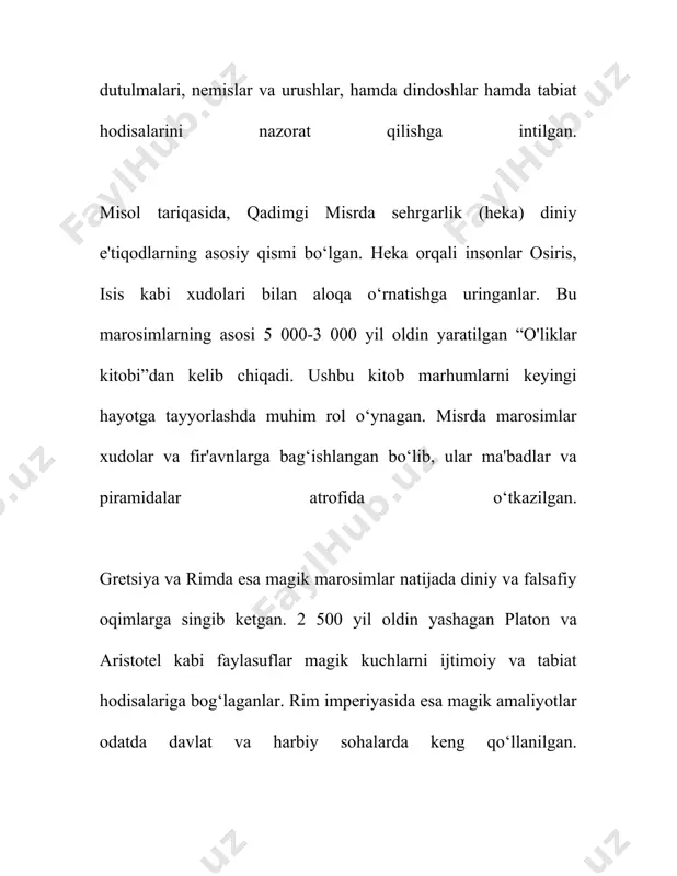 gan. to‘rtinchidan, urf-odatlarga ko‘ra, oila a’zolarini va uy-joyni buzilishdan, yomon kuchlardan himoya qilish uchun amalga oshiriladigan marosimlar mavjud edi. masalan, “shambariya” deb ataluvchi chuqur diniy va an’anaviy maroasimi ham aynan shunday maqsadda amalga oshirilgan. ishonishadiki, bu singari marosimlar tabiat bilan uyg‘unlikda yashash, muqaddaslikka erishish, inson hayotini yanada mazmunli qilish, tabiat hodisalarini anglash kabi chuqur maqsadlarni o‘z ichiga oladi. ushbu marosimlar tomonidan nafaqat diniy va e'tiqodiy ehtiyojlar qondirilgan, balki ular kishilarning jamiyatdagi o‘rnini, ularning axloqiy-me'yoriy kurashlarini ham ifodalaydi. bu esa o‘z navbatida xalqning ruhiy va madaniy hayotida sezilarli iz qoldiradi. bu magik marosimlar o‘zbekiston xalqining madaniy merosining ajralmas qismi sifatida muntazam ravishda o‘rganilib, tadqiq etilib kelinmoqda. har bir viloyat, har bir xalq guruhining o‘ziga xos marosimlari mavjud bo‘lib, ular xalqning boy tarixiy va madaniy xotirasi haqida ko‘plab ma'lumotlarni saqlab qolishga yordam beradi. 3. marosimlarda ishlatiladigan magik diniy atributlar marosimlarda ishlatiladigan magik diniy atributlar ko'plab madaniyatlar va dinlarda muhim o'rin tutadi. ular …