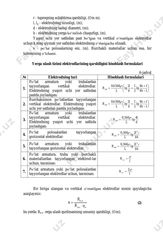 lektrodning materiali, profili va o‘lchami tanlab olinadi. amalda bajarilgan ishlarning ko‘rsatishicha, qalin devorli po‘lat trubalarning elektrod sifatida ishlatilishi maqsadga muvofiqdir. elektrodning qarshiligini 6-jadvalda ko‘rsatilgan formulalar asosida aniqlaymiz. elektrodning qarshiligi uning turiga, o‘lchamlariga, shakliga va ularning yerga urnatilish holatiga bog‘liqdir. elektrodlar gorizontal yoki vertikal holatda o‘rnatilishi mumkin. 6-jadvaldagi formulalarda keltirilgan ko‘rsatkichlarning tahlili quyidagicha, ya’ni: r - tuproqning solishtirma qarshiligi, (om m); l, lg - elektrodning uzunligi, (m); d - elektrodning tashqi diametri, (m); h - elektrodning yerga ko‘milish chuqurligi, (m). yuqori uchi yer sathidan past bo‘lgan va vertikal o‘rnatilgan elektrodlar uchun h ning qiymati yer sathidan elektrodning o‘rtasigacha olinadi. v - po‘lat polosalarning eni, (m). burchakli materiallar uchun esa, bir tomonining o‘lchami. yerga ulash tizimi elektrodlarining qarshiligini hisoblash formulalari 6-jadval № elektrodning turi hisoblash formulalari 1. po‘lat armatura yoki trubalardan tayyorlangan vertikal elektrodlar. elektrodning yuqori uchi yer sathidan pastda joylashgan:          14 14 …