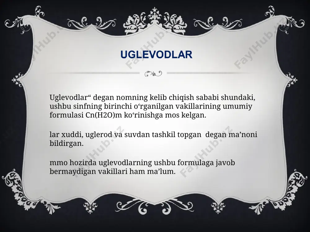 r massasi aniq topilmagan, lekin uning juda kattaligi ma’lum va har xil namunalarida turlicha bo‘lishi mumkin. shu sababli boshqa polisaxaridlar singari kraxmalning formulasi (c6h10o5)n tarzida ifodalanadi. kraxmalning gidrolizi natijasida faqat glukoza hosil bo‘lgani uchun bu zvenolar glukoza molekulasi qoldiqlari degan xulosaga kelamiz: (c6h10o5)n + (n-1)h2o nc6h12o6 kraxmal glukoza kraxmalning xossalari fizik xossalari. kraxmal – oq kukunsimon modda. sovuq suvda erimaydi,lekin issiq suvda bo‘kib kleyster hosil qiladi. kimyoviy xossalari. kraxmal uchun sifat reaksiya bu unga yodning ta’siri hisoblanadi. agar sovitilgan kraxmal kleysteriga yod qo‘shilsa ko‘k rang paydo bo‘ladi. bu jarayonni oddiy tajriba yo‘li bilan ham aniqlash mumkin. kartoshkaning qirqilgan joyiga yoki bir bo‘lak nonga yod eritmasidan bir necha tomchi tomizganimizda ko‘k rang hosil bo‘ladi. qo‘llanilishi. kraxmal qimmatli oziq mahsulotdir. uning hazm bo‘lishini yengillashtirish uchun kraxmalli mahsulotlar yuqori temperaturada qizdiriladi,ya’ni kartoshka pishiriladi, non yopiladi. bu sharoitlarda kraxmal qisman gidrolizlanadi va suvda eruvchan bo‘ladi. selluloza selluloza (c6hl0o5)n . seluloza ham tabiiy yuqori molekular …