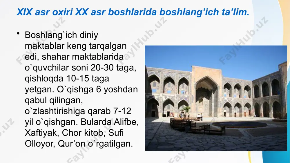 ir mash’alga o`xshatib, mash’al, qorongulni qanday yoritib tursa, ilm-fan ham insoniyatning baxt-saodati va istiqbolini shunday yoritib turishligini ta’kidlaydi. ahmad donish (1827-1897) o`zbek va tojik xalqining mashhur mutafakkiri, olimi va faylasufidir. uning asarlaridan «navodir-ul vaqoye» (nodir voqealar), «buxoro amirlarining tarjimai hollari», «yulduzlar tasviri», «globusdan foydalanish yo`llari» va boshqalar. xix asrning oxirlariga kelib o`zbek ma’rifatparvarlarining butun bir avlodi yetishib chiqadi. xx asrning 20-yillariga kelib ulangan bu avlod xalqimizning umumiy ma’rifatida, ijtimoiy-siyosiy yuksalishida va yangi turmushga tayyorlashda buyuk xizmat etdi. abduqodir shakuriy (1875-1943) ham shunday ma’rifatparvarlar-dan biri edi. u samarqandning rajabamin qishlog`ida bog`bon oilasida tug`iladi. eski maktab so`ngra samarqandda madrasada o`qiydi. u «tarjimon» gazetasidan ko`p narsalarni o`rganadi. 1901 yilda o`z qishlog`ida yangi usuldagi maktab tashkil qiladi. doska va partalar yasattiradi. tatar tilidagi darsliklardan foydalaniladi. chor hukumati bunday maktablar ochilishiga qarshi edi, ularni qattiq nazorat qilardi.bu maktab bolalarni 6 oyda savodli qilib chiqarardi. bunga eski maktab domlalari, mulla, eshonlar ham qarshilik qiladilar.shakuriy yilda bir …