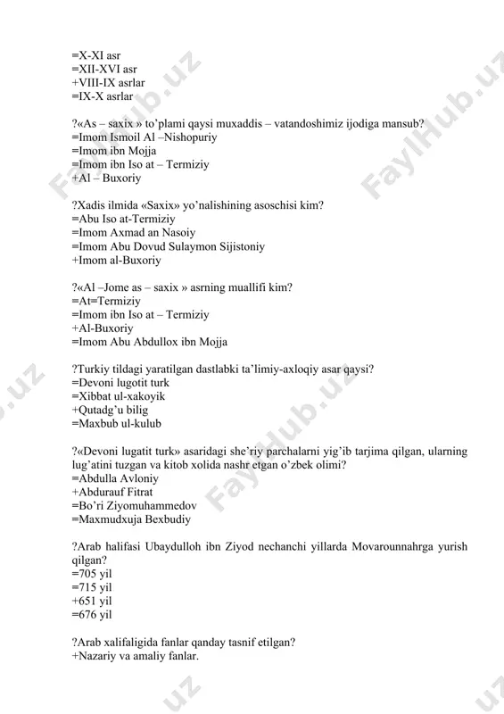 y, yusuf xos hojib ?1074 yil o’rta sharq mamlakatlari uchun kalendar taqvim tuzgan olim kim? +nizom ul-mulk =abu rayhon beruniy =muhammad muso al -xorazmiy =al -marg’uloniy ?abu nasr forobiy qachon va qayerda tug’ilgan? =880 yil – bag’dodda. =883 yil – o’tror degan joyda +873 yil – forobda =883 yil bolosog’unda. ?“siyosatnoma” asarining muallifi kim? =jaloliddin rumiy =mahmud qoshg’ariy +nizom ul-mulk =abu rayhon beruniy ?“ma’mun” akademiyasi qachon va kim tomonidan tashkil etilgan? =ma’mun shox tomonidan – 1417 yilda. +ma’mun=2 tomonidan - xi asrda. =nizomul mulk tomonidan – 1067 yilda. =xorun ar-rashid tomonidan – vii asrda. ?“ma’mun” akademiyasida tahsil olgan olimlar kimlar? =mahmud qoshg’ariy, yusuf xos hojib, abu ali ibn sino, xorazmiy. =firdavsiy, sa’diy, jomiy, navoiy, yassaviy, jaloliddin rumiy, +abu rayhon beruniy, abu ali ibn sino, abu nasr ibn iroq. =ro’dakiy, firdavsiy, yusuf xos hojib, beruniy, xorazmiy, farobiy. ?forobiyning ta’lim-tarbiyaga oid asarlari to’g’ri ko’rsatilgan javobni toping. =“aql haqidagi risola”, “falsafadan oldin nimani …