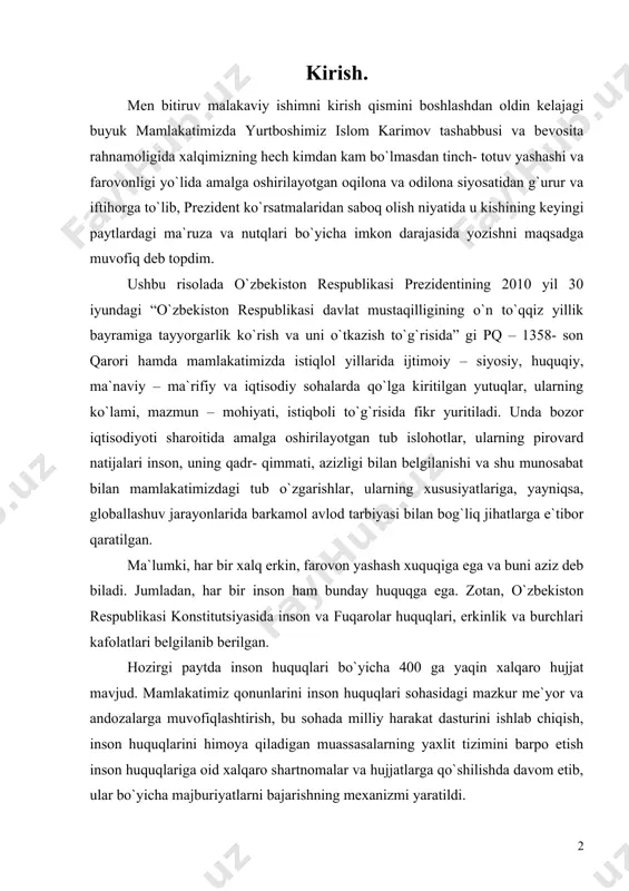 aziz deb biladi. jumladan, har bir inson ham bunday huquqga ega. zotan, o`zbekiston respublikasi konstitutsiyasida inson va fuqarolar huquqlari, erkinlik va burchlari kafolatlari belgilanib berilgan. hozirgi paytda inson huquqlari bo`yicha 400 ga yaqin xalqaro hujjat mavjud. mamlakatimiz qonunlarini inson huquqlari sohasidagi mazkur me`yor va andozalarga muvofiqlashtirish, bu sohada milliy harakat dasturini ishlab chiqish, inson huquqlarini himoya qiladigan muassasalarning yaxlit tizimini barpo etish inson huquqlariga oid xalqaro shartnomalar va hujjatlarga qo`shilishda davom etib, ular bo`yicha majburiyatlarni bajarishning mexanizmi yaratildi. umuman olganda, islohotlar markazida insonning oliy qadriyat sifatida baholanishi mamlakatimiz strategik vazifalariga hamohangdir. xususan, bu boradagi barcha o`zgarishlarni mazmun - mohiyati ham inson va uning qadr- qimmatini ko`tarish bilan bog`liq. vatan va inson manfaati - oliy maqsad. o`zbekiston respublikasi prezidenti islom karimov: “bugun biz tarixiy davrda – xalqimiz o`z oldiga ezgu va ulug` maqsadlar qo`yib, tinch osoyishta xayot kechirayotgan, avvalambor, o`z kuch va imkoniyatlariga tayanib, demokratik davlat va fuqarolik jamiyat qurish yo`lida …