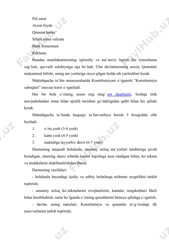 tushunchalarni farqlay olishga hamda uning ma`nosini tushunishga o`rgatish – 1-mashg`ulot - bolalarni odob saqlash, intizomli bo`lish, asrab-avaylashga o`rgatish – 1-mashg`ulot jami: 5 ta mavzu katta yosh davri (4-5 yosh) - bolalarning tug`ilib o`sgan ona-vatani, shahar, qishlog`i, mahallasi, xalqi, urf-odatlari, tarixiy joylari haqida ilk tushunchalar berish – 2-mashg`ulot - o`zbekiston respublikasi ramzlari: bayroq, gerb, madhiya bilan tanishtirish hamda ularga hurmat bilan qarashni tarbiyalash 2-mashg`ulot - bolalarda harbiy qo`shinlarga nisbatan qiziqish uyg`otish orqali botirlik, jasurlik, vatanparvarlik tuyg`usini sindirib borish – 1 mashg`ulot - bolalarga tartib-intizom qoidalarini o`rgatishda davom etib, yaxshi, yomon, mumkin emas degan tushunchalarini rivoyatlar orqali tushuntirib borish – 1mashg`ulot o`zbekiston respublikasining davlat tili – o`zbek tili ekanligini turli shakllarda (tez aytish, maqollar o`rgatish, sh`er yodlash orqali hamda ertaklar aytib berish orqali) bolalarga tushuntirishda davom etish – 1 mashg`ulot maktabga tayyorlov davri (6-7 yosh) mustaqil o`zbekiston haqidagi tushunchalarini kengaytirish, erkinlik, ozodlik, o`z davlat tiliga ega bo`lish, milliy bayramlarni qayta tiklanganligi to`g`risida …