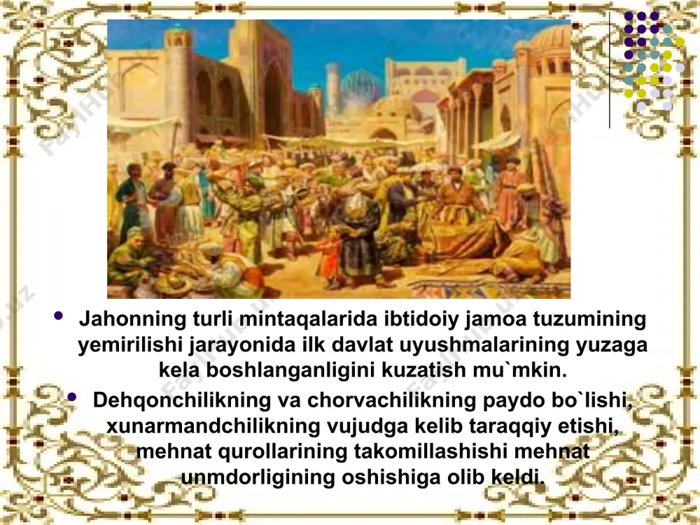 shimoliy-g`arbiy qismi, amudaryo va sirdaryo o’rtasidagi katta yerlar qo’shib olinadi. davlatning poytaxti shimoliy afganistondagi baktro shahri edi. yunon-baktriya m.a. ii asrning uchinchi choragiga kelib sharkiy turkiston orkali kirib kelgan yuechji va sak kabilalari xujumi natijasida butunlay inkirozga uchradi. xozirgi turkmaniston va eronning bir kismini o`z ichiga olgan qadimgi parfiya davlati mustaqil davlat va imperiya sifatida 500 yildan ziyodroq yashagan. mil. avv. ii-i asrlarda m.osiyoda mavjud bo`lgan davlatlarining yana biri bu parkana davlati bo’lib u xitoy manbalarida davon deb yuritiladi. xitoy ma`lumotlariga ko’ra mil. avv. ii asrda farg`onada 300 ming aholi yashagan. vahoda shaxarlar ko`p bo`lib, poytaxti erish shahri (xozirgi marhamat) edi. image2.jpeg image3.jpeg image4.jpeg image5.jpeg image6.jpeg image7.jpeg image8.jpeg image1.png