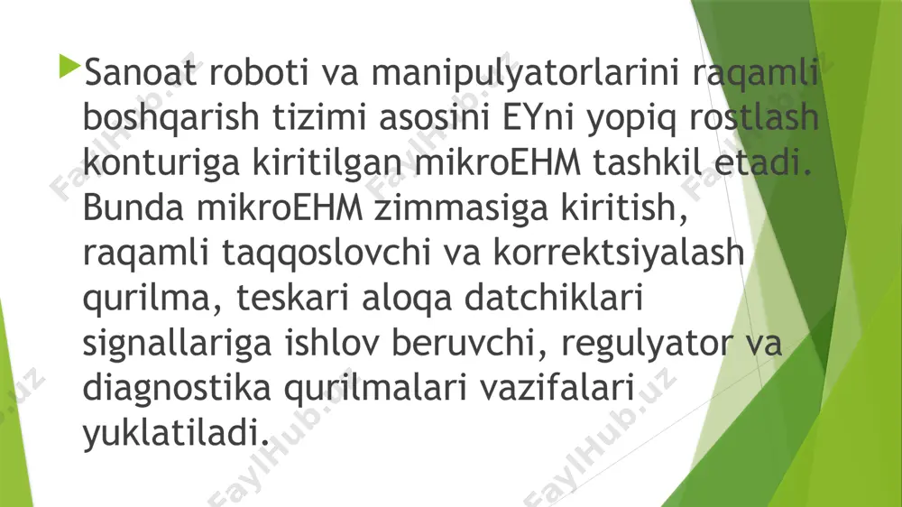 kiritish moduli asosini aro’- analogli raqamli o’zgartgich tashkil etadi, u miroehmni umumiy magistraliga ulanadi. elektr yuritmani siljishini ta’minlovchi signaliga ishlov berish ma’lumoti yuqori darajali ehmga beriladi va u manipulyatorni barcha zvenolairini traektoriyasini rejalshtirib beradi. yuqori darajali ehm bilan ulanish uchun ketma-ket interfeys xizmat kiladi. analogli kiritish moduli patensiometrik datchikni o’zgarmas tok kuchlanishini raqamli kodga o’zgartirish va mikroehmga kiritish uchun xizmat kiladi. 10v kirish kuchlanishi aro’ analog-raqamli o’zgartgich yordamida 100mks davomida 11 razryadli ikkilik kodiga aylantirib beradi. aro’ analog-raqamli o’zgartgich 16 kanalli analog signallar multiplesor va kuchaytirgichni o’z ichiga oladi. fotoimpulsli datchikni signallarini impulsli ketma-ketligini qabul qilish va ularga ishlov berish idam aloqa modulida amalga oshiriladi, u dvigatel valini aylanish yo’nalishini aniqlab beradi. xotira yacheykasi bilan ma’lumot almashuvining maksimal chastotasi dvigatelni aylanish tezligi va fid fotoimpulsli datchigi parametriga bog’liq bo’ladi. nazorat savollari: ehm bilan bhm ning farqi nimada? ehm arxitekturasi deganda nima tushuniladi? abmpt qanday asosiy uzellardan iborat? xotira qurilmasi qanday …