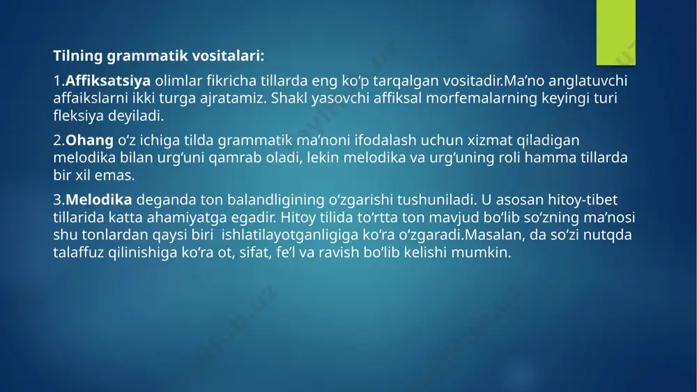g. boshqa muhim belgi-xususiyatlari bilan leksema va morfema o‘zaro jiddiy farqlanadi. morfemani yagona til birligi deb, leksemani morfemaning bir turi deb talqin etish noto‘g‘ri. agar shunday noto‘g‘ri fikrga qo‘shilsak, til qurilishining lug‘at bosqichi o‘z mustaqil birligiga ega emas degan fikrga tarafdor bo‘lamiz. bunday fikr til qurilishining bosqichlarini tizim sifatida o‘rganishga zid. leksema – til qurilishining lug‘at bosqichiga mansub birlik, morfema – til qurilishining morfemalar bosqichiga mansub birlik; leksema – leksik birlik, morfema – grammatik birlik. morfema – grammatik ma'no ifodalashga xizmat qiladigan eng kichik segment til birligi. e’tiboringiz uchun rahmat! image6.jpeg image7.jpeg image8.jpeg image9.jpeg image10.jpeg image2.png image3.png image4.png image5.png /docprops/thumbnail.jpeg