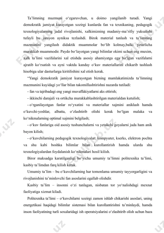 zikishlari va kobiliyatlarini hisobga olgan xolda ularning jadal intellektual rivojlanishini, chukurlashtirilgan, ixtisoslashtirilgan xolda o‘kitishni ta’minlaydi. akademik litseylarda o‘kuvchilar o‘zlari tanlagan yo‘nalishi bo‘yicha bilimlarini oshirish va muayyan fanlar asoslarini chukur mukammal o‘zlashtirish imkoniga ega bo‘ladilar. akademik litseylar asosan oliy o‘kuv yurtlari koshida tashkil etiladi. inson tafakkuri, akliy saloxiyati ijtimoiy boylik hisoblanadi. ular har kanday jamiyatning ijtimoiy-iktisodiy tarakkiyotini belgilaydigan omillardir. shunday farzandlarimiz borki, ular umumiy o‘rta maktab ta’lim jarayonida ma’lum yo‘nalish bo‘yicha o‘zlarining iktidorini, iste’dodlarini namoyon kiladilar. bu boylikdan okilona foydalanish, uni to‘gri yo‘naltirish katta ahamiyat kasb etadi. akademik litseylar aynan shu maksadni amalga oshirishga, iktidorli, iste’dodli bolalarni tarbiyalashga xizmat kiladi. kasb-xunar kollejlari esa o‘kuvchilarning kasb-xunarga moyilligini, layokatlarini, bilim va ko‘nikmalarini chukur rivojlantirish, ularning tanlagan yo‘nalishlari bo‘yicha bir yoki bir necha zamonaviy kasb egallash imkonini beradi. kasb -xunar kollejlari oldingi bilim yurtlaridan ham mazmunan, ham shaklan tubdan farq kiladi. bu farq nimalardan iborat? bular eng avvalo o‘kuvchilarni o‘kishga kabul kilishdan boshlab, o‘kuv …