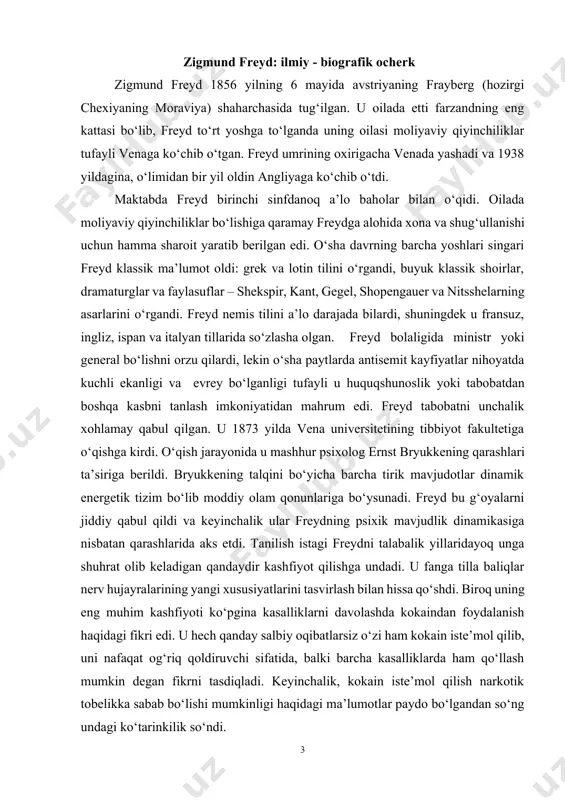 yoti ko‘pgina kasalliklarni davolashda kokaindan foydalanish haqidagi fikri edi. u hech qanday salbiy oqibatlarsiz o‘zi ham kokain iste’mol qilib, uni nafaqat og‘riq qoldiruvchi sifatida, balki barcha kasalliklarda ham qo‘llash mumkin degan fikrni tasdiqladi. keyinchalik, kokain iste’mol qilish narkotik tobelikka sabab bo‘lishi mumkinligi haqidagi ma’lumotlar paydo bo‘lgandan so‘ng undagi ko‘tarinkilik so‘ndi. 1881 yili freyd universitetni tugatib «miya anatomiyasi instituti»da ishlay boshladi va katta yoshdagi odam va homila miyasining qiyosiy tadqiqotlari bilan shug‘ullandi. oradan ko‘p o‘tmay u o‘z ishini tashlab nevropatolog sifatida faoliyat ko‘rsata boshladi, bunga sabab ilmiy faoliyatning unchalik taqdirlanmasligi va antisemit kayfiyat xizmat pog‘onasidan ko‘tarilishga imkon bermasligi bo‘ldi. 1885 yil freydning taqdirida burilish yili bo‘ldi. u parijga borish va o‘sha davrning eng mashhur nevrologlaridan bo‘lgan jan sharkoning qo‘lida to‘rt oy shogird-tadqiqotchi bo‘lib ishlashga imkon beradigan tadqiqotchilik stipendiyasini olishga muvaffaq bo‘ldi. sharko ko‘plab turli-tuman somatik muammolarda namoyon bo‘ladigan psixik buzilish – isteriyalarning sabablarini va davolash usullarini o‘rganar edi. isteriyadan aziyat chekadigan …