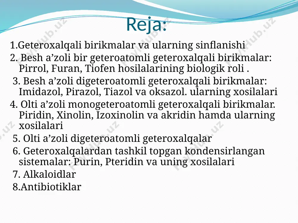 genli hosilalar, spirtlar, aldegidlar, kislotalar va xokazo hosilalarga bo’linadi. odatda, geteroxalqali birikmalarning empirik nomlari – pirrol, tiofen, piridin va boshqalar keng ishlatiladi. xalqaro, o’rinbosarlar nomlar majmuiga ko’ra nomlashda ham geteroxalqaning empirik nomi asos qilib olinadi, xalqadagi o`rinbosarlarning xolati esa raqam bilan ko’rsatiladi. kondensatlanmagan geteroxalqali birikmalarda halqadagi atomlarni tartibli raqamlash geteroatomdan boshlanib, geteroatom bir raqami bilan belgilanadi nomlamishi geteroxalqada ikkilamchi va uchlamchi azot atomlari bo’lsa, ikkilamchi azot 1 raqami bilan belgilanadi. demak, ikki va undan ortik geteroatomli geteroxalqalar o, s, nh, n- tartibiga rioya qilingan holda tartibli raqamlanadi. bir geteroatomli geteroxalqali birikmalarni ratsional nomlar majmuiga ko’ra nomlashda ham empirik nomlar asos qilib olinadi. kondensatlangan sistemada geteroatom xalqalar tutashgan joyda turmagan bo’lsa, tartibli raqamlash xalqalar tutashgan joyning yaqinida turgan atomlardan boshlanadi va bunda geteroatomga eng kichik raqam to’g’ri kelishi kerak: to`yingan geteroxalqali birikmalar to’yingan geteroxalqali birikmalar kimyoviy xossalari jixatdan o’ziga to’g’ri keluvchi ochiq zanjirli birikmalardan deyarli farq qilmaydi. besh va olti a’zoli …
