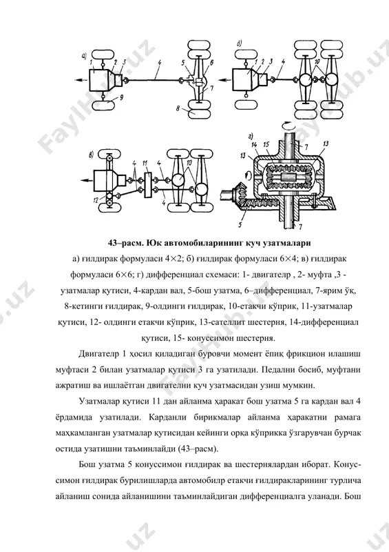 рдан вал 3, тезликлар кутиси 4, асосий узатма 5, бортдаги фрикцион узатма 6, тасмали тўхтагич 7, бортдаги юритма 8 ва пневмоғилдирак 12 дан иборат. гилдиракли шатакловчилар. курилиш ишларини бажаришда шатакловчилар турли хил осма ва тиркама қурилмалар билан ишлаш учун мўлжалланган (46-расм). шатакловчиларнинг бир ва икки ўқли турлари мавжуд ва уларнинг иш унумдорлиги юқори. шатакловчилар ҳаракат тезлиги 50 км/соатга етади, двигатели қуввати 900 квт гача бўлиб, юкланган вақтда ўққа 750 кн ва ундан ҳам ортиқ юк тушади. 45–расм. тракторларнинг кинематик схемаси а- гусеницали; б- пневмоғилдиракли; 1- двигателp, 2- муфта, 3- узатмалар қутиси, 4- гусеница рамаси, 5- кардан вал, 6- бош узатма,7- фрикцион узатма, 8- тўхтатгич, 9- бортдаги юритма, 10- етакчи юлдузча, 11- етакланувчи юлдузча, 12- пневмоғилдирак. гилдиракли шатакловчиларнинг тузилиши занжирли тракторларга қараганда анча содда, енгил ва уларни тайёрлаш осон ва арзон. ярим тиркама шатакловчи билан вертикал шкворен 3 орқали уланади. шатакловчининг бурилиши икки дона гидроцилиндр 4 орқали амалга оширилади. бу шатакловчини …