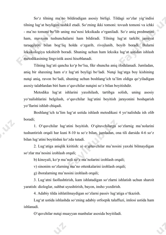 , bayon, insho yozdirish. 4. adabiy tilda ishlatilmaydigan so‘zlarni passiv lug‘atiga o‘tkazish. lug‘at ustida ishlashda so‘zning adabiy orfoepik talaffuzi, imlosi ustida ham ishlanadi. o‘quvchilar nutqi muayyan manbalar asosida boyitiladi. a) tabiatni, kishilar hayoti, mehnati, bolalar o‘yin va o‘qish faoliyatini kuzatish orqali; b) badiiy asarlar orqali; v) gazeta va jurnal materiallari orqali; g) radio va teleko‘rsatuvlar orqali; d) ona tili darslaridagi mashqlar orqali; e) lug‘atlar orqali. so‘z ma’nosini tushuntirish juda kam vaqtni olish kerak. o‘qituvchi darsga tayyorlanish jarayonida qaysi so‘zlarning ma’nosi ustida ishlashi zarurligini, qay tarzda ishlashini belgilab olishi kerak. o‘qish darslarida 1 marta uchragan, bolalar ma’nosi tushunmaydigan so‘zlarning ma’nosini asarni o‘qimasdan oldin tushuntirishi kerak. ko‘chma ma’nodagi so‘zlarni, obrazli ifodalarni, umuman, asarning badiiy tiliga doir nutq birliklari asarni o‘qib bo‘lgach tushuntiriladi. so‘z ma’nolarini tushuntirishda qo‘yidagi usullardan foydalaniladi: 1. so‘zni matn asosida tushuntirish 2. so‘z ma’nosini lug‘atdan, kitobdagi izohdan foydalanib tushuntirish. 3. sinonimlarini keltirib tushuntirish. 4. antonimiga taqqoslab tushuntirish. ko‘chma ma’noli so‘z, …