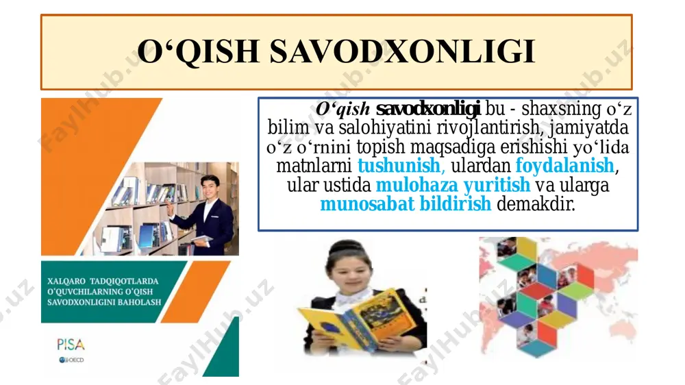 bir necha marta takrorlangan bo‘ladi. matnda berilgan savolga javob bo‘la oladigan juda ko‘p axborotlar mavjud bo‘ladi. • 5-daraja: javob yopiq holda beriladi, matnning bir necha qismlarini o‘qish orqali aniqlanadi, aynan savolda berilgan ko‘rinishda emas, boshqacha shaklda (sinonim, ishora) beriladi. pisa-2015 tadqiqotlarida berilgan tasnif asosida o‘quvchilarning o‘qish savodxonligining shakllanganlik darajalari ✓ kerakli xulosani chiqara oladi, ma’lumotlarni qiyoslay va zidlay oladi; ✓ murakkab notanish matnni tanqidiy baholay oladi; ✓ matnda yopiq holatda berilgan axborotlarni anglaydi va ular ustida ishlay oladi. 6-daraja 698 1.1% pisa-2015 tadqiqotlarida berilgan tasnif asosida o‘quvchilarning o‘qish savodxonligining shakllanganlik darajalari ✓ma’lumotlarni tartibga sola oladi; ✓ matndagi ma’lumotlarni tanqidiy baholaydi va munosabat bildira oladi; ✓ talqin etish va ta’riflash bilan bog‘liq topshiriqlarni bajara oladi; ✓ mavjud axborotlarga zid bo‘lgan axborotlar bilan ishlay oladi. 5-daraja 626 8.4% pisa-2015 tadqiqotlarida berilgan tasnif asosida o‘quvchilarning o‘qish savodxonligining shakllanganlik darajalari ✓berilgan ma’lumotlarni tartibga sola oladi; ✓matnda qo‘llangan leksik, sintaktik birliklar, badiiy tasvir vositalarining vazifasini …