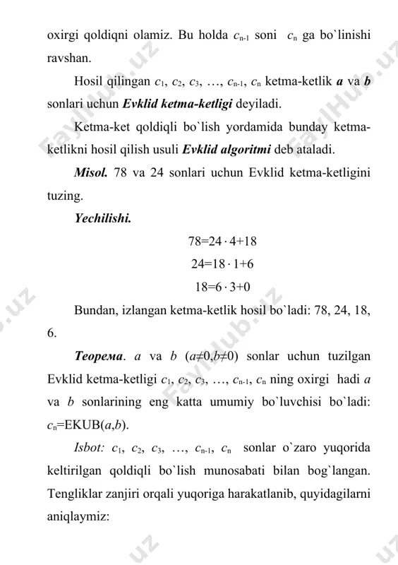 a chekli sondagi istalgan tub sonlarni bir xil tub sonlar nomanfiy butun ko`rsatkichli darajalarining ko`paytmasi shaklida tasvirlash mumkin. misol. a=25(5(133, b=32(74, c=53(172 sonlarni bir tub sonlar darajalarining o`paytmasi shaklida yozing. yechilishi. a=25(5(133=25(30(51(70(133(170, b= b=32(74=20(32(50(74(130(170, c=53(172=20(30(53(70(130(172. teorema. ikkita va natural sonlar berilgan bo`lsin, bunda p1, p2, …, ps — turli tub sonlar, ki va li — daraja ko`rsatkichlar esa nomanfiy butub sonlar. m soni n soniga bo`linidhi uchun barcha i =1, 2, … , s uchun ki ( li tengsizlik bajarilishi zarur va yetarli. isboti: ( agar m=nx, bunda x(n, bo`lsa, x ning istalgan tub bo`luvchisi p1, p2, … , ps sonlardan biriga teng bo`ladi. shuning uchun kabi yozish mumkin,bu yerda ti(0. bundan . natural sonning tub ko`paytuvchilarga yoyilmasining yagonaligidan ki=li+ti, bundan esa barcha i=1, 2, 3, … , s uchun ki(li ekani kelib chiqadi. ( agar barcha i=1, 2, 3, … , s uchun ki(li bo`lsa, u holda bo`ladi. bundan …