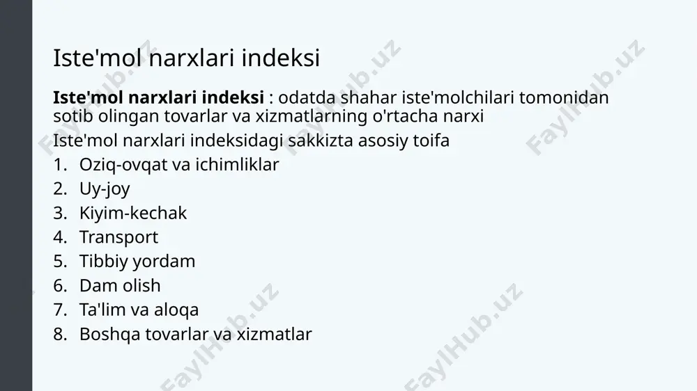 atsiya darajasi past inflyatsiyaning afzalliklari yillik inflyatsiya darajasi 2%, 3% yoki 4% - milliy inqirozdan uzoq yo'l past inflyatsiya, shuningdek, jiddiy turg'unlik bilan yuzaga keladigan deflyatsiyadan yaxshiroqdir o'rtacha inflyatsiya mehnat bozorida ish haqini oshirish orqali iqtisodiyotga yordam berishi mumkin batafsil tez ko'rib chiqish inflyatsiyaga qanday misol bo'la oladi? tushuntirish narx indeksi nima? birini qanday hisoblaysiz? narx indekslari yordamida inflyatsiya darajasini qanday hisoblash mumkin? iste'mol narxlari indeksidan (cpi) foydalanib, aqsh inflyatsiya darajasini qanday hisoblaysiz yashash narxining o'lchovi sifatida cpining asosiy kamchiliklari qanday? qanday qilib almashtirish tarafdorligi va sifatni yaxshilash/yangi tovarlarga moyillik cpining yashash narxini oshirib yuborishiga olib kelishini tushuntiring. cpini boshqa narx indekslari, jumladan ppi va yaim deflatori bilan taqqoslang batafsil tezkor ko'rib chiqish inflyatsiya talab va taklif haqidagi tasavvurni qanday yo'llar bilan xiralashtirishi mumkin? qanday qilib inflyatsiya xarid qobiliyatining qayta taqsimlanishiga olib kelishi mumkin inflyatsiyaning mumkin bo'lgan iqtisodiy foydasini tushuntiring image1.jpeg image2.tiff image3.png image4.png image5.png image6.png image7.png image8.png image9.png /docprops/thumbnail.jpeg