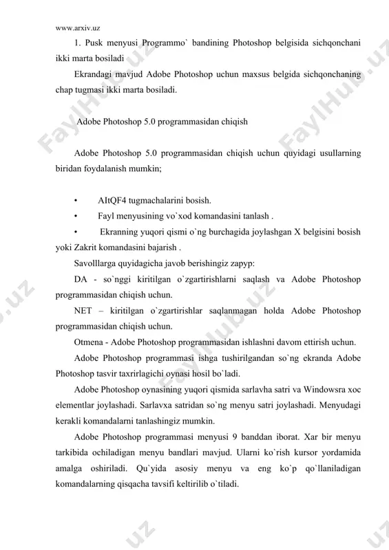 lib kirish. экспорт tasvirni boshqa direktoriyaga jo`natish. файл информация fayl haqidagi ma`lumotlarni kiritish. установка страницў shiftқctrlқp tasvirni printer yordamida chop etishga tayyorlash, qog`oz shaklini tanlash. печать ctrlқp tasvirni printrga jo`natish. предпочтения adobe photoshop programmasini kerakli tartibda sozlash. i настройка цвета tasnir rapglarini sozlash. adobe online internet bilan bog`lanish. вўход clrlқq adobe photoshop programmasidan chiqish. правка menyusi tarkibi кomanda nomi ta snifi вернуть ctrlқz tasvir ustida bajarilgan oxirgi amalni bekor qilish. резать ctrlқx tasvirning ajratilgan qismini muvaqqat xotira buferga olish. копировать ctrl қ с nusxa olish. вставить ctrlқv muvaqqat xotiradan kursor ko`rsatgan joyga qo`yish. вставить в shiftқctrlқv muvaqqat xotiradan belgilangan joyga qo`yish. очистить tasvirda belgilangan maydonni tozalash, o`chirish. bunda o`chirilgan maydon fon rangga bo`yaladi. залить tasvir yuzasini asosiy rang bilap bo`yash. штрих tasvirda belgilangan maydonni shtrixlab ko`rsatish. трансформация ctrlқt tasvir shakalini o`zgartirish. трансформ tasvir shaklini turli ko`rinishlarda o`zgartirish. очистка «istoriya» darchasida tasvir olib boriilgan o`zgartirish amallarini butunlay o`chirish. bu amal bajarilgandan …
