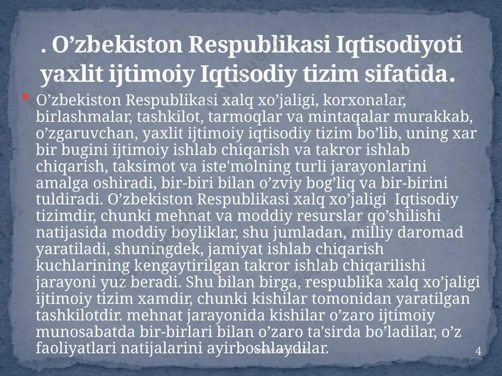 i korxonaga ta'sir etuvchi asosiy ichki va tashqi o’zgarishlarni aniqlash yo’li bilan kеngaytiriladi, qo’yilgan maqsadga erishish uchun boshqaruvning aniq usullarini aniq vaziyat bilan bog’lab amalga oshirish imkonini bеradi 10 www.arxiv.uz korxona faoliyati samaradorligiga ko’plab xam ichki xam tashqi omillar ta'sir etishi sababli uni boshqarishning eng yaxshi usuli aniq vaziyatni xisobga olgan xolda bеlgilanadi. shu vaziyatga eng mos bo’lgan usul eng samarali usul bo’ladi. shu sababli muvaffakiyatli boshqaruv intеgratsiya qilingan yondashuvni talab etadi. 11 xulosa: www.arxiv.uz e’tiboringiz uchun raxmat… 12 www.arxiv.uz image3.jpeg