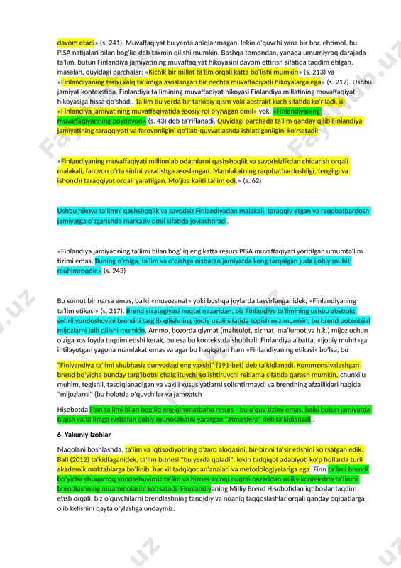 sidagi haqiqiy tovar marketing adabiyotida turlicha tasavvur qilingan va ayniqsa mijozlarning (talabalar? ota-onalar? institutlar? hukumatlar? ish beruvchilar? jamiyatlar?) va almashish tovarlarining (diplomlar? ta'lim xizmatlari? bilim? talabalar? inson kapitali? ilmiy va o'qituvchilar jamoasi? moliyalashtirish?) rollari haqida jiddiy munozaralar mavjud. bu ijtimoiy va iqtisodiy sharoitdagi turli xususiyatlar ta'limni biznes sifatida tushunishning noaniqliklarini keltirib chiqaradi. biroq, ta'lim va biznesning o'zaro bog'lanishini hozirgi adabiyotlarda tan olishadi (ball, 2012; coate, barnett, & williams, 2001; gibbs, 2001; hemsley-brown & oplatka, 2006; tjedvoll, 1998). ### 3. pisa'dan milliy brendgacha yuqaridagi ta'lim tadqiqotlari sohasida kuzatilganidek, hukumatlar o'zlarining ta'lim tizimlarini va ta'lim muassasalarini marketing qilishga tobora ko'proq sarmoya kiritmoqdalar (carrington et al., 2007; naidoo, 2006; van der wende, 2003, 2007). finlandiya misolida, ta'lim brendi nisbatan noodatiy holatda, chunki uning asosi avvalo universitetlar muvaffaqiyatiga bog'liq emas. 2000-yillarning boshlaridagi pisa tadqiqotlari finlandiya asosiy ta'lim tizimi, shuningdek, umumiy ta'lim tizimi va o'qituvchi ta'limi haqida ijobiy imidj yaratdi. finlandiya hukumati bu yaxshi obro'ni …