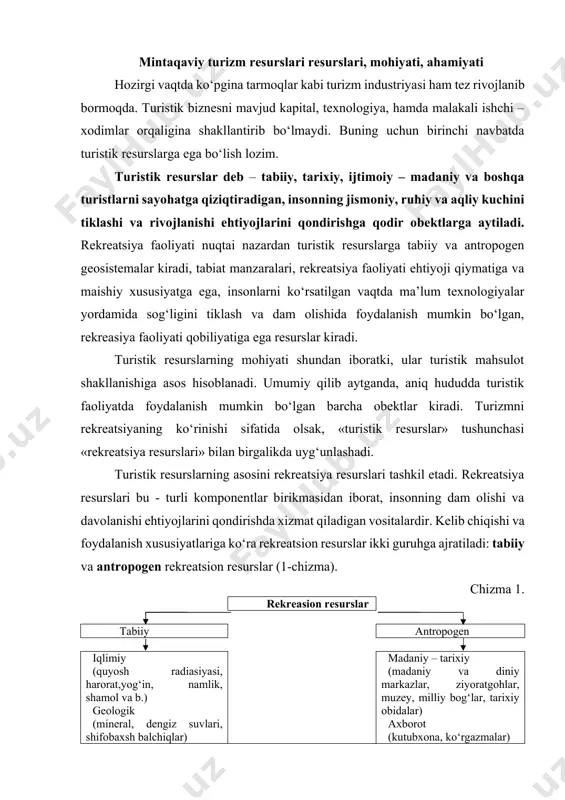 mlik, shamol va b.) geologik (mineral, dengiz suvlari, shifobaxsh balchiqlar) biologik ( o‘simlik va hayvonot dunyosi, tuproqlar va b.) landshaftlar (tog‘, o‘rmon, sharshara, sohillar va b.) madaniy – tarixiy (madaniy va diniy markazlar, ziyoratgohlar, muzey, milliy bog‘lar, tarixiy obidalar) axborot (kutubxona, ko‘rgazmalar) sport ko‘ngilochar obektlar urbanistik boshqalar tabiiy rekreatsion resurslarga, hududiy tabiiy komponentlar birikmasidan iborat, go‘zal tabiat go‘sha(landshaft)lari kiradi. ular daryo, ko‘l, dengiz bo‘ylari, tog‘ etaklaridagi o‘simlik dunyosi, xilma – xil manzarali joylar, mineral suvli shifobaxsh maskanlar bo‘lishi mumkin. undan tashqari aholining dam olishi, sport bilan shug‘ullanishi, ov qilishi imkoniyatlari uchun keng hududlar, shahar atrofidagi yashil mintaqalar, park va bog‘lar yoki qo‘riqxona va milliy bog‘lar ham tabiiy rekreatsiya resurslaridir. turli davrlarda inson aql – zakovati bilan yaratilgan tarixiy, arxeologik va san’at obidalari, yodgorliklar, muzeylar hamda rekreatsiya maqsadida foydalish mumkin bo‘lgan ijtimoiy obektlar, antropogen rekreatsiya resurslariga kiradi. undan tashqari, rekreatsion resurslarni qo‘yidagi asosiy belgilariga ko‘ra ajratish mumkin: · landshaft – iqlimiy …