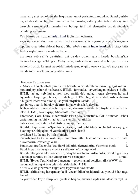 , rangi va web-sahifa foni категория: информатика 05.04.2020 16:47 shrift o‘lchamini belgilash uchun html tilida juft tegi size (o’lcham) parametri bilan birga ishlatiladi. bu teg ishlatilganda kiritilayotgan matnning shrift o’lchami o‘zgarmaydi. shrift o‘lchami o‘zgarganini faqat web-brauzerda ko‘rish mumkin. web-sahifada 7 xil o‘lchamdagi shriftlarni ishlatish mumkin. ular 1 gan 7 gacha parametr qiymati bilan belgilanib, 1 eng kichik, 7 esa eng katta shrift o‘lchamini bildiradi. masalan, shrift o‘chamini 5 ga teng qilib olish uchun ko‘rinishdagi juft teg yoziladi. asosiy shrift o‘lchamiga qaytish uchun tegi qo‘llaniladi. shrift o‘lchamini belgilash uchun html tilida juft tegi size (o’lcham) parametri bilan birga ishlatiladi. bu teg ishlatilganda kiritilayotgan matnning shrift o’lchami o‘zgarmaydi. shrift o‘lchami o‘zgarganini faqat web-brauzerda ko‘rish mumkin. web-sahifada 7 xil o‘lchamdagi shriftlarni ishlatish mumkin. ular 1 gan 7 gacha parametr qiymati bilan belgilanib, 1 eng kichik, 7 esa eng katta shrift o‘lchamini bildiradi. masalan, shrift o‘chamini 5 ga teng qilib olish uchun ko‘rinishdagi juft …