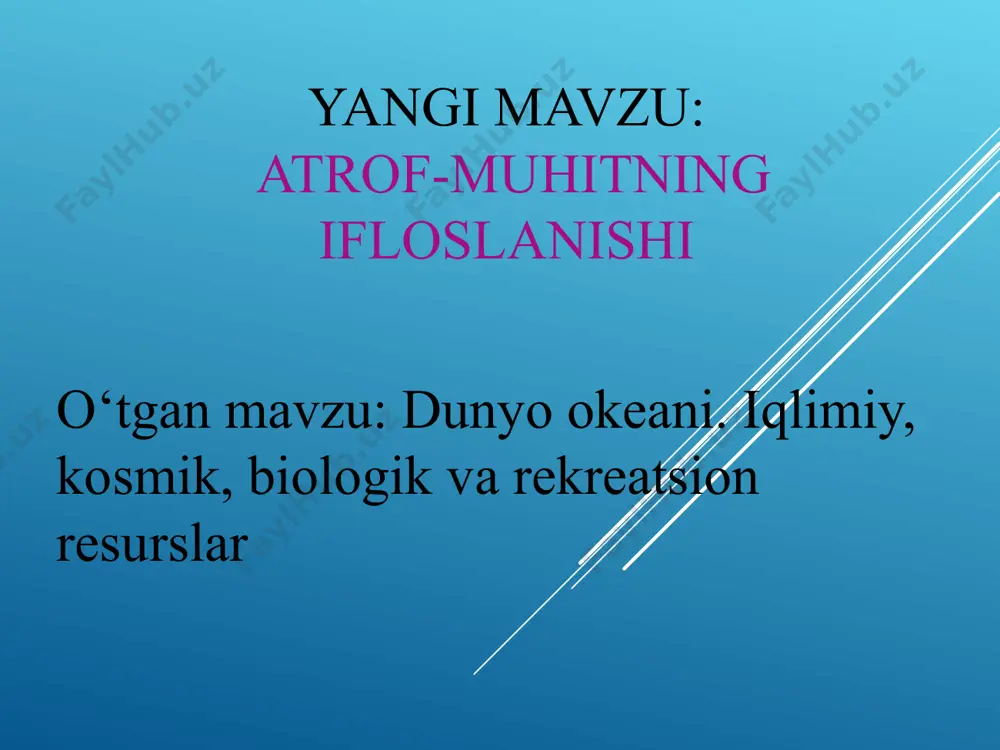antropogen omillar asosiy rol o'ynaydi. tabiiy omillar asosida atrof-muhitning ifoslanishi, avvalo, tabiiy yo‘l bilan – chaqmoq chaqishi, o‘t-o‘lanlar va o‘rmonlarning yonishi, vulqonlarning otilishi, shamol harakati, biosferada uzluksiz boradigan chirish (o‘simlik va hayvonot qoldiqlari) va boshqa jarayonlar natijasida yuz beradi. ular yiliga millionlab tonna chang-to‘zonlarni havoga chiqarib yuboradi. ammo hozirgi vaqtda tabiatning ifoslanishida sun’iy omillar (antropogen jarayon) eng ko‘p qatnashmoqda. atmosferaga chiqarilayotgan ifoslanishning 2/3 qismi uning hissasiga to‘g‘ri keladi. quruqlik (litosfera)ning ifoslanishi yer osti boyliklarini o‘zlashtirish, ayniqsa, ularni ochiq usulda qazib chiqarish natijasida yuzaga kelmoqda. tuproq, ayniqsa, sanoat va qishloq xo‘jaligi chiqindilari bilan ifoslanmoqda. bunda asosiy ifoslovchi unsurlar – turli metallar va ularning birikmalari, mineral o‘g‘itlar, kimyoviy zaharli vositalar, radioaktiv moddalardir. maishiy xizmat va chorvachilik chiqindilari tufayli paydo bo‘lgan chiqindi uyumlari sanitariya- gigiyena holatining yomonlashuviga olib kelmoqda. gidrosfera (daryolar, ko‘llar va dengizlar), asosan, sanoat, qishloq xo‘jaligi va uy-ro‘zg‘or, maishiy xizmat sohalarining oqova suvlari qo‘shilishi natijasida ifloslanmoqda. oqibatda chuchuk suv yetishmasligi holati …
