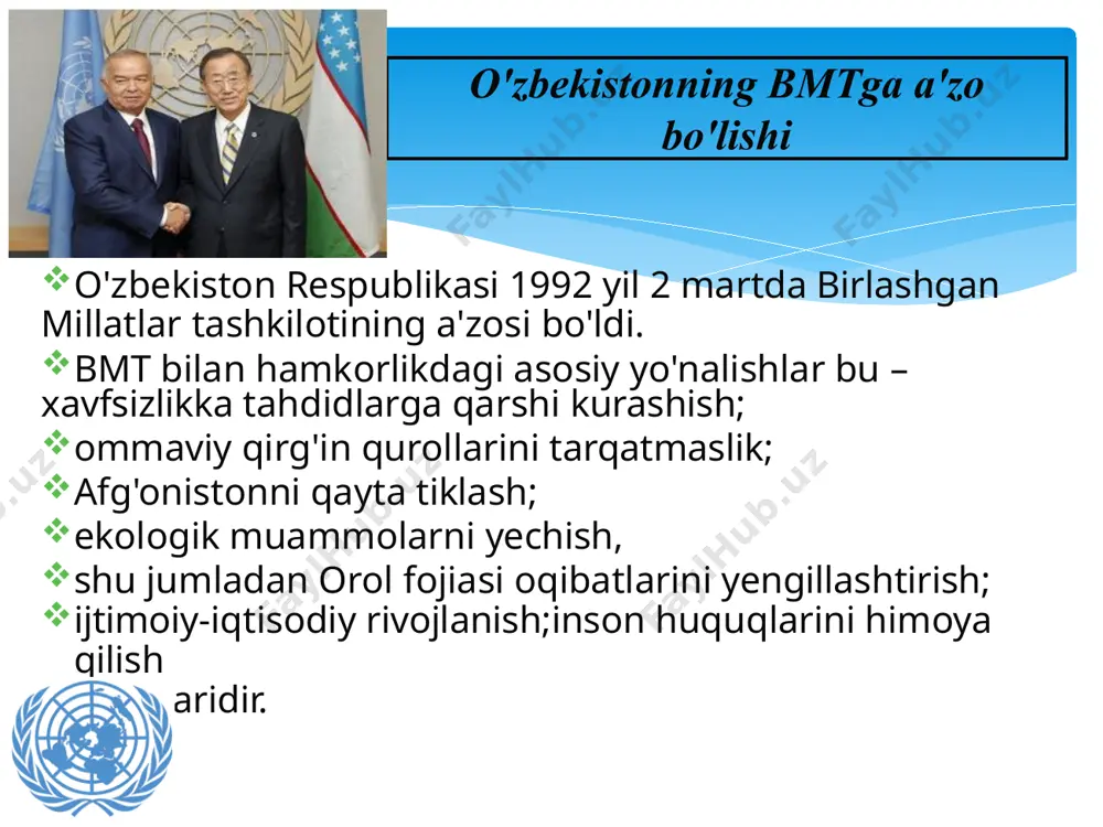ing muhim aspekti hisoblanadi. o‘zbekiston tashabbusi va bmt ning qo‘llab-quvvatlashi bilan, afg‘on muammosini muhokama qilishga va regional xavfsizlikni ta’minlashga yo‘naltirilgan “6+2” guruhi (qo‘shni mamlakatlar: eron, pokiston, tojikiston, turkmaniston, o‘zbekiston, xitoy, hamda rossiya va aqsh) tashkil qilingan edi. guruhning birinchi uchrashuvi 1997 yilda nyu-yorkda, ikkinchisi – 1999 yil iyulda toshkent shahrida bo‘lib o‘tdi. 2008 yil aprelda buxarestda nato sammitida o‘zbekiston rahbari i.a. karimov “6+2” tinchlik tashabbusining yana davom ettirilishi va kengaytirilishi va bu guruhga nato ning kiritilishi bilan uning “6+3” ga aylantirilishining maqsadga muvofiq ekanligi to‘g‘risida taklif kiritdi, qaysiki, u afg‘onistonda vaziyatni barqarorlashtirish bo‘yicha birgalikdagi harakatlarni aniqlashda kuchlarni birlashtirishga yordam berishi mumkin edi. ushbu formatda afg‘onistonni rekonstruksiya qilishning yirik donorlari – hindiston, yaponiya va boshqa manfaatdor mamlakatlarning ishtiroki – yanada samaraliroq xalqaro dialogga yordam berishi mumkin edi. o'zbekistonning yirik va rivojlangan davlatlar bilan aloqalari o’zbekiston – rossiya o’zbekiston - aqsh o’zbekiston - xitoy o’zbekiston – yaponiya o’zbekiston – yevropa ittifoqi davlatlari …