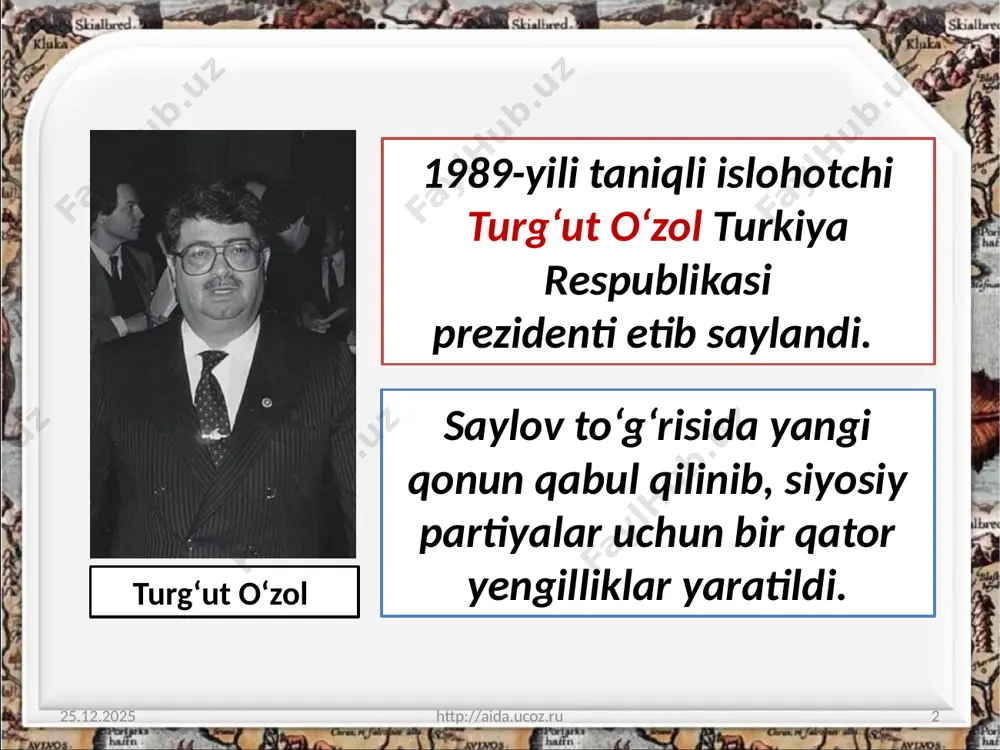 entlik saylovlarida r. erdo‘g‘on turkiya respublikasi prezidenti etib saylandi. 18.03.2025 http://aida.ucoz.ru 11 bu turkiyada prezident bevosita xalq tomonidan saylangan birinchi saylov edi. 2015-yilning ikkinchi yarmida suriyada ishidga qarshi antiterrorchilik operatsiyasida ishtirok etayotgan rossiyaning su – 24 harbiy samolyoti turkiya tomonidan urib tushirildi. 18.03.2025 http://aida.ucoz.ru 12 rossiyaning su – 24 harbiy samolyoti image2.png image3.jpeg image4.jpeg image5.jpeg image6.jpeg image7.png image8.jpeg image9.jpeg image10.jpeg image11.jpeg image12.jpeg image13.jpeg image14.jpeg image15.jpeg image16.jpeg image1.jpeg /docprops/thumbnail.jpeg