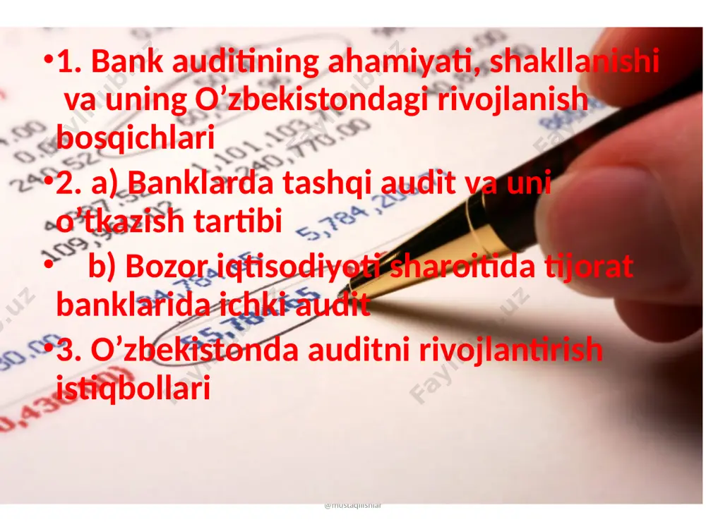alanuvchilar ichki va tashqi foydalanuvchilar @mustaqilishlar o’zbekisonda o’zbekistonda esa, mustaqil faoliyat sohasi sifatida xo’jalik yuritishda davlat monopoliyasidan voz kechish va bozor iqtisodiga o’tish natijasida shakllana boshladi. shuning uchun auditorlik faoliyati rivojlangan mamlakatlar tajribasini o’rganish zarurdir. @mustaqilishlar bank tizimida tijorat banklarida o’tkaziladigan auditorlik tekshiruvlarinin sifat va ta’sirchanligini oshirish, tashqi audit faoliyatini takomillashtirish, auditorlik firmalari o’rtasida erkin va sog’lom raqobat munosabatlarini kuchaytirish hamda aholi va sarmoyadorlarning bank tizimiga bo’lgan ishonchini yanada oshirish maqsadida 1996 yil 24 iyulda o’zbakiston respublikasi prezidentining “ bank auditi tizimini rivojlantirish chora-tadbirlari to’g’risida”gi farmoni qabul qilindi. @mustaqilishlar markaziy bank tomonidan… 1996 yil noyabr-dekabr oylarida bank va moliya sohasida konsalting xizmatlar ko’rsatish va audit o’tkazish bo’yicha yetakchi o’rinlarni egallaydigan “coopers & lybrand”, “deloitte & touche”, “artur anderson”, “ernst & young”, “kpmg” xalqaro auditorlik konsalting firmalariga hamda “o’zbankaudit” aksionerlik jamiyatiga respublikamizda bank auditini o’tkazish huquqini beruvchi tegishli sertifikatlar berildi. @mustaqilishlar 1998 yilda markaziy bankning bir qancha nizomlari asosida auditorlarga sertifikatlar …