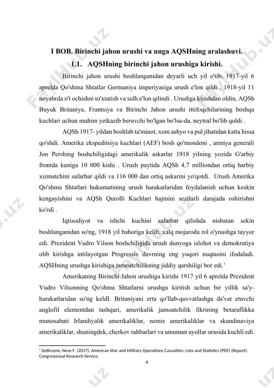 rilar, xom ashyo va oziq-ovqat sotib olishga sarflangan. 1917 yilgacha uilson quruqlikdagi urushga minimal tayyorgarlik ko'rdi va kuchaytirilgan tayyorgarlik talablariga qaramay, qo'shma shtatlar armiyasini kichik tinchlik davrida saqlab qoldi. biroq, u qo'shma shtatlar dengiz kuchlarini kengaytirdi.[footnoteref:2] [2: jeanette keith (2004). rich man's war, poor man's fight: race, class, and power in the rural south during the first world war. u. of north carolina press. pp. 1–5. isbn 978-0-8078-7589-6.] 1917-yilda, rus inqilobi va urushdan keng ko'lamdagi umidsizlik va angliya va frantsiyaning kreditlari kamligi bilan germaniya imperiyasi evropada ustunlikka ega bo'lib ko'rindi, usmonli imperiyasi esa yaqin sharqdagi o'z mulkiga yopishib oldi. xuddi shu yili germaniya imperiyasi britaniya suvlariga yaqinlashayotgan har qanday kemaga qarshi cheklanmagan suv osti urushini tiklashga qaror qildi; buyuk britaniyani taslim bo'lish uchun ochlikdan o'ldirishga bo'lgan bu urinish qo'shma shtatlarni urushga deyarli olib kelishini bilish bilan muvozanatli edi. germaniya imperiyasi, shuningdek, meksika-amerika urushida yo'qolgan hududlarni qaytarib olishda meksikaga yordam berish …