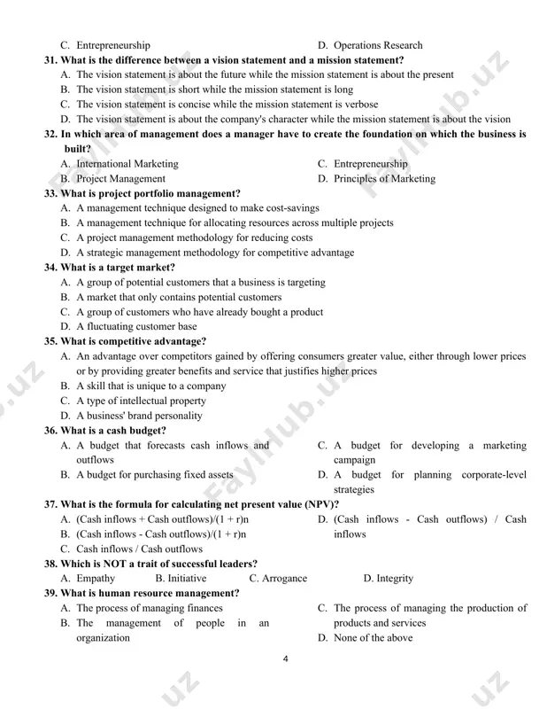 a. the act of overseeing and directing tasks and people to achieve specific goals b. the act of doing tasks and following instructions given by superiors c. the act of delegating tasks to others d. all of the above 28. what is the purpose of a balanced scorecard? a. to track progress towards strategic goals b. to measure employee satisfaction c. to identify areas of waste in the value chain d. to evaluate financial performance 29. which is not a measure of dispersion? a. range b. standard deviation c. variance d. mode 30. what involves the use of information technology to manage and analyze data for decision-making purposes? a. management information systems b. strategic management c. entrepreneurship d. operations research 31. what is the difference between a vision statement and a mission statement? a. the vision statement is about the future while the mission statement is about the present b. …