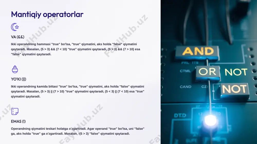 siya qilaman. ma'lumotlarni qayta ishlash, taqqoslash, mantiqiy operatsiyalarni amalga oshirish va boshqa vazifalarni bajarishda ular sizga katta yordam beradi. image1.png image2.png image3.png image4.png image5.png image6.png image7.png image8.png image9.png image10.png image11.png image12.png image13.png image14.png image15.png image16.png image17.png image18.png image19.png image20.png image21.png image22.png image23.png image24.png image25.png