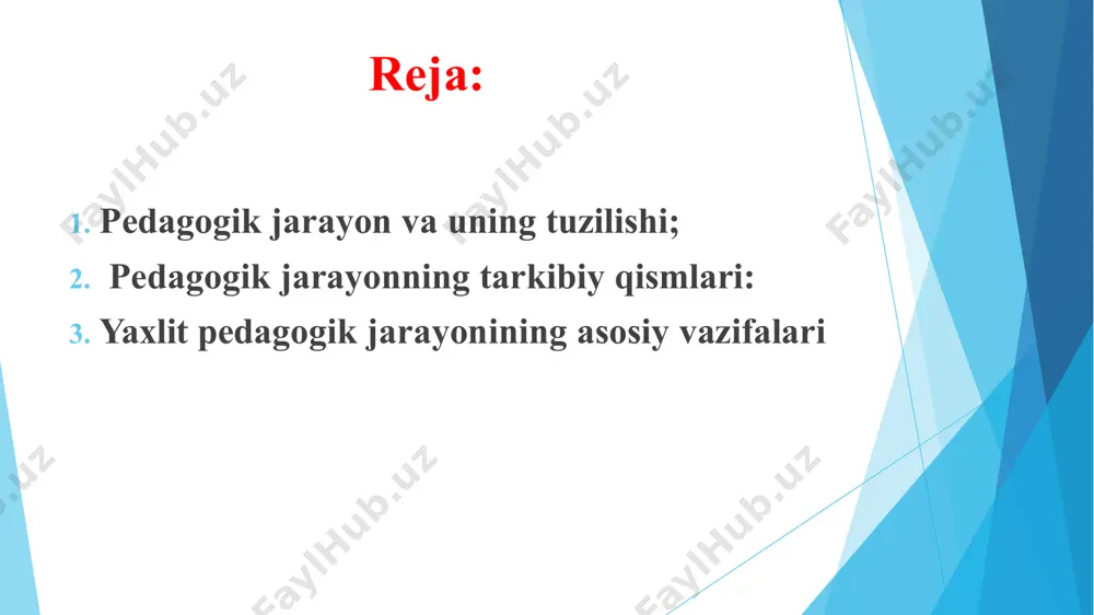 ushinskiyning taraqiyparvar g‘oyalari uning izdoshlari: n.f.bunakov, p.f.lesgaft, k.b.yelniskiy, v.p.baxterov va boshqalaming ishlarida o‘z aksini topgan. pedagogik jarayonning ichki harakatlantiruvchi kuchi (manbasi) bolaga uning hayotida yuzaga keladigan talablar va uning real imkoniyatlari, rivojlanish darajasi o'rtasidagi ziddiyatdir . agar talablar bolaning yosh xususiyatlariga mos kelsa, unchalik oson bo'lmasa yoki aksincha, juda qiyin bo'lsa ( proksimal rivojlanish zonasiga tushib qolsa ) bu qarama- qarshilik harakatlantiruvchi kuchga aylanadi. pedagogik jarayonning tarkibiy qismlari: ta'lim va tarbiyaning maqsad va vazifalari; maqsadli ta’lim mazmuni; mazmunli pedagogik jarayonni tashkil etish va amalga oshirish shakllari, usullari, vositalari; operativ va faoliyat ta'lim, o'qitish natijalarini tekshirish, baholash va tahlil qilish baholovchi-samarali pedagogik jarayonning borishi shartlari, uning huquqiy, kadrlar, axborot-metodik, moddiy- texnik ta'minoti manba pedagogik jarayonning vazifalari ▶ ta'lim (o'quv, kognitiv va amaliy faoliyatning motivatsiyasi va tajribasini shakllantirish, ilmiy bilim asoslarini o'zlashtirish) ▶ tarbiyaviy (muayyan fazilatlarni, insoniy munosabatlarni, qadriyat yo'nalishlarini shakllantirish) ▶ rivojlanayotgan (shaxsning aqliy jarayonlari, xususiyatlari va fazilatlarini shakllantirish va rivojlantirish) …