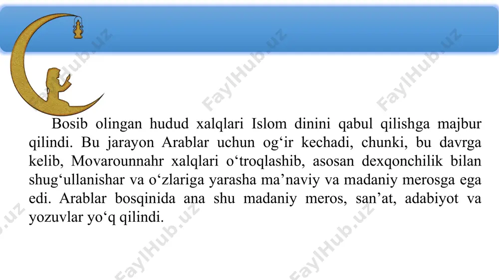 ijtimoiy turmushda odob axloq qoidalari, insonlarni o‘zaro munosabatlari xaqida ma’lumotlar beradi. samarqandlik ulamolar imom al-buxoriyni samarqandga kelib faoliyat olib borishini taklif qilishganda u rozi bo‘ladi va yo‘lga chiqqan imom al buxoriy samarqand yaqinida (xozirgi poyariq tumani xududida) xartang qishlog‘ida betobligi sababli 872 yilda 62 yoshida vafot etadi. imom at-termiziy 824 yilda termiz yaqinidagi (xozirgi sherobod tumani) yaqinidagi bug‘ qishlog‘ida tug‘iladi. ota-onasi xaqida ma’lumotlar yo‘q. u bolalagidan ilm olishga ishtiyoqi baland bo‘lib, hadis ilmini chuqur egallaydi. u 850 yilda qator mamalakatlar qatori makkaga xaj ziyoratini amalga oshiradi va imom al-buxoriy bilan uchrashib, u kishi yordami bilan hadis ilmidan to‘liq ma’lumot oladi. imom al-buxoriy at-termiziyni shogird emas balki xamfikr, do‘st sifatida xurmat qiladi. u o‘qigan manbaalarini, ilmlarini kitob xoliga keltiradi va 863 yilda o‘z vataniga qaytadi va shogirdlariga hadis ilmidan ta’lim beradi. imom at-termiziy tomonidan yozib qoldirilgan asarlarda o‘z ifodasini topgan hadislar ham imom al-buxoriy hadislari kabi insonni ulug‘lashga, halol, adolatli, e’tiqod, …