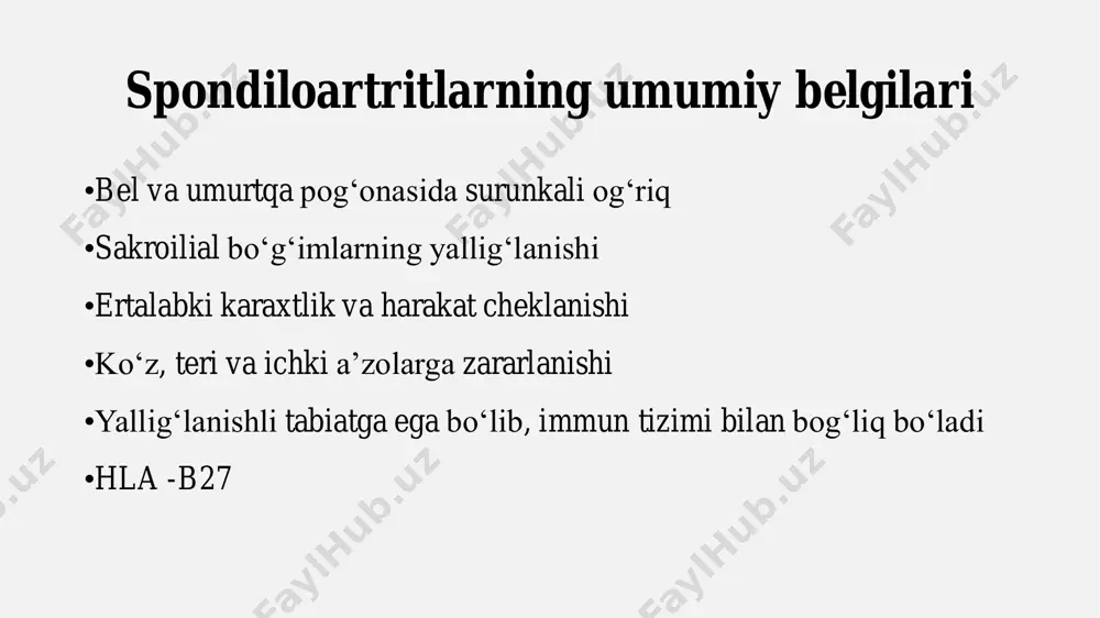 b27 bo‘lishi, anamnezida pelviospondilit, reyter sindromi, psoriaz, uveit, surunkali kolit 2 davo muolajalariga sezgirligi ball kasallik erta qaytalanganda yaqnv qabul qilgandan keyin 48 soat ichida og‘riq kamayishi yoki stabillashishi 1 12 mezon bo‘yicha ballar yig‘indisi 6 ga teng va undan yuqori bo‘lsa kasallik ishonchli hisoblanadi. spa uchun asas boʻyicha tasnifiy mezonlar artrit yoki entezit yoki daktilit va hech boʻlmaganda 1 ta spa belgisi boʻlgan bemorlar uchun uzoq muddatli orqali ogʻriq (3 oydan koʻp) va yoshi 45 yoshdan kam boʻlgan bemorlar uchun tekshirish natijasida faqat periferik simptomlarga ega boʻlgan bemorlar uchun yoki mrt yoki rentgenografiya maʼlumotlariga koʻra sakroiliit va hech boʻlmaganda 1 ta spa belgisi boʻlgan bemorlar uchun yoki hla-b27 musbat va hech boʻlmaganda 2 ta spa belgisi boʻlgan bemorlar uchun ≥ 1 belgi • uveit • psoriaz • krona kasalligi/ yarali kolit • infeksiya • hla-b27 • sakroiliit mrtyoki rentgenografiyia # belgilar • belda o’g’riq • artrit • entezit • …