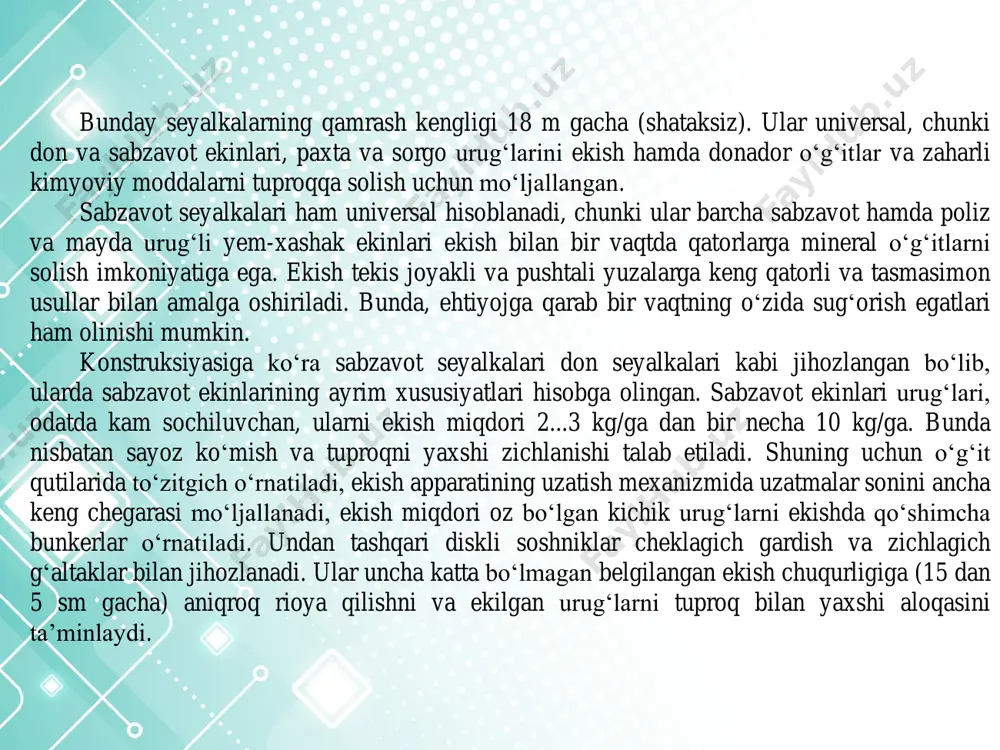tomoniga, undan ma’lum bir masofada, yoysimon yo‘naltiruvchi yo‘lakcha o‘rnatilgan 3-rasm. qoshiq–diskli kartoshka ekish apparati sxemasi. 1 - bunker; 2 - to‘siq; 3 - ekish apparati; 4 - ishchi qism (qoshiq); 5 - tebratgich; 6 - o‘tkazgich; 7 - rostlagich; 8 - egat oligich; 9 - ko‘mgich; 10 - xarakat uzatish mexanizmi. disk aylanganda sterjenning a dastagi yo‘naltiruvchi yo‘lakcha ustiga chiqadi va prujina 4 ning qarshiligini yengib shoxcha 13 ni qoshiq 2 dan chetlatadi. qoshiqcha kartoshka qatlamiga kiradi va tuganakni ilib oladi. u qatlamdan chiqqanda dastakcha a yo‘naltiruvchi yo‘lakchadan tushadi va prujina 4 bilan burilgan sterjen o‘zining shoxchasi v bilan unga tuganakni qisadi. tuganakni tushirish zonasida dastakcha a yo‘naltiruvchi yo‘lakcha ustiga chiqadi, natijada shoxcha v tuganakni bo‘shatadi va u soshnikning qabul qilish og‘ziga tushadi. shunday qilib, diskning bir aylanishida suzib olish apparatining tugallangan ish sikli amalga oshirildi. u uch bosqichdan iborat: qoshiq qatlamda harakatlanganda u bilan tuganakni ilib olish; uni qisqich …