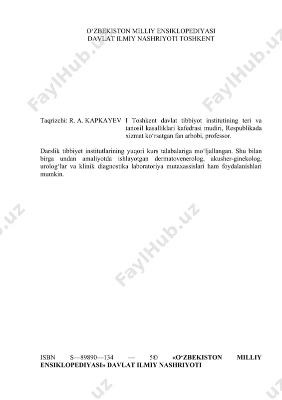 asalliklar .etiologik, patogenetik va klinik kurinishiga qarab guruhlarga bo‘lib joylashtirilgan. shu bilan birga o‘lkamiz uchun xos ba’zi teri kasalliklari, jumladan, leyshmanioz, vitiligo (pes), fotodermatoz va irsiy kasalliklarga xam keng urin berilgan. tanosil kasalliklari — zaxm, so‘zak haqida tuliq zamonaviy ma’lumotlar keltirilgan. xx asrga kelib jinsiy yul bilan yukadigan kasalliklar so​ni oshib bormoqda. jahon sog‘likni saqlash tashkilotining ma’lumotiga qaraganda ular soni 20 dan oshdi. biz yuqoridagi dalillarga tayangan holda jinsiy yul bilan yukadigan kasalliklardan trixomoniaz, xlamidioz, ureaplazmoz va genital gerpesni keng yoritib, ularni zamonaviy aniqlash va davolash usullariga alohida e’tibor berdik. teri-tanosil kasalliklarida ham barcha yuqumli kasalliklardagi kabi laboratoriya tekshirish natijalarining hissasi juda kattadir. shu vaqtgacha chiqarilgan darsliklarda dermato-venerologiyada qo‘llaniladigan laboratoriya tekshirish usullari umuman berilmagan yoki qisqacha bayon etilgan edi. vaholanki, laboratoriya tekshirish usullarini bilish talaba va mu-taxassislarning klinik fikr yuritishlari va kasallik mohiyatini to‘lsq anglab yetishlarida katta ahamiyat kasb etadi. shuni nazarda tutgan holda darslikda teri va tanosil kasal​liklarini aniklashda …