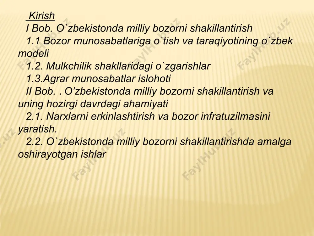 iyojlarini qondirishga yo‘naltirilgan ijtimoiylashtirilgan tovar ishlab chiqarishning faoliyat yuritishi bo‘lgan zamonaviy bozor tizimining vujudga kelishiga olib keldi. bozor xo‘jaligi – iqtisodiyotni tashkil qilishning tovar ishlab chiqarishga asoslangan, ishlab chiqarish va iste’mol o‘rtasidagi o‘zaro harakatini bozor vositasida ta’minlovchi ijtimoiy shaklidir. bozor – tovar va pul muomalalarining o‘zaro qat’iy harakatlari asosida vujudga keluvchi iqtisodiy munosabatlarning tizimidir. bozor xo‘jaligining subyekt-obyekt tuzilmasi, bu - bozor subyektlari o‘rtasidagi munosabatlar tizimi bo‘lib, ularning maqsadlarini, turli tomonlarga yo‘naltirilib, yo‘l-yo‘lakay muqobil kelishiluvchi iqtisodiy manfaatlarini, bozor aloqalarining turli-tuman obyektlari harakatlanishining holati hamda tashkil qilish shakllari va o‘zaro bog‘liq harakatlarini aks ettiradi bozor xo‘jaligini subyekti. 1uy-xo‘jaligi – bu bir yoki bir necha kishilik tarkibidagi iqtisodiy birlikdir. u: - inson kapitalining ishlab chiqarilishi va qayta ishlab chiqarilishini ta’minlaydi; o‘zi mustaqil qaror qabul qiladi; ishlab chiqarish omillaridan qaysi biriga egalik qiladi; o‘z talab va ehtiyojlarini maksimal darajada qondirishga intiladi korxona – shunday iqtisodiy birlikki, u:  ishlab chiqarish omillarini sotish maqsadida mahsulot …