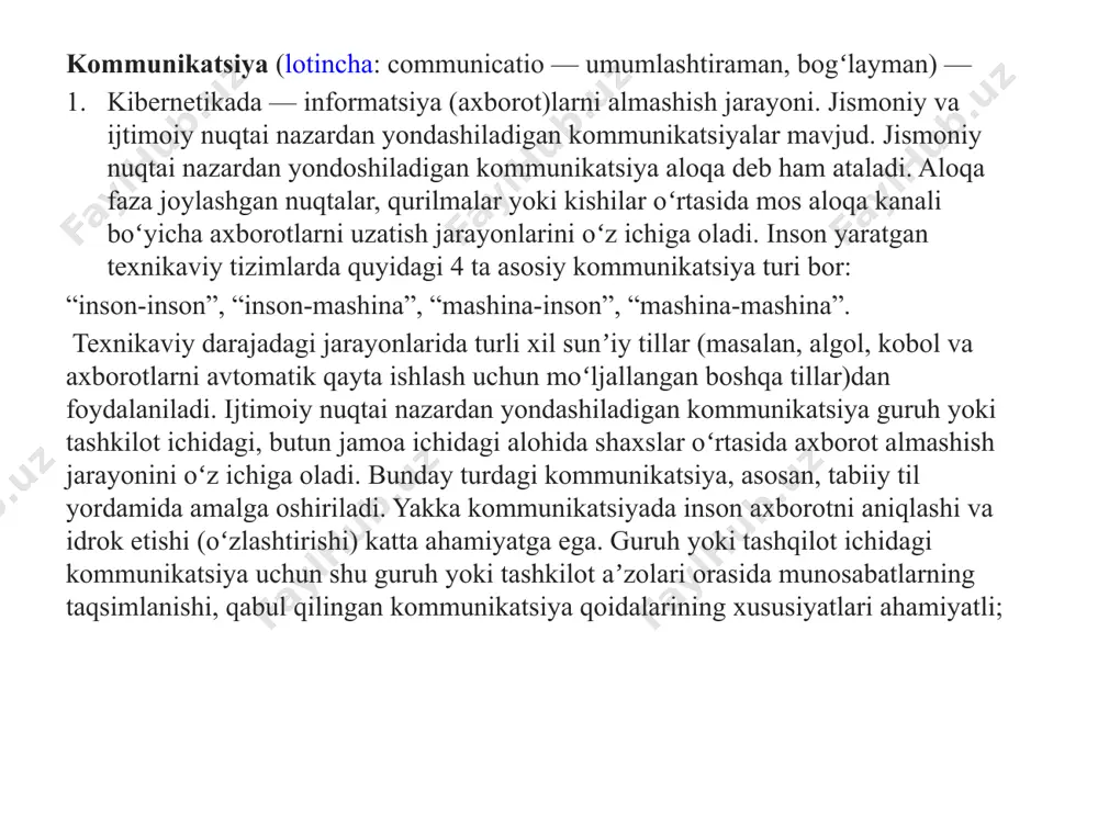 iyani taʼmirlash vaqtida yoʻllarni qayta buzib-tuzatishga hojat qolmaydi; hayvonlarda — bir-biri bilan “muloqot qilish”dagi “signalli” usullar majmui. har bir tur hayvon uchun “oʻziga xos” kommunikatsiya “signallari” boʻladi. ommaviy kommunikatsiya deganda ommaviy axborot vositalari orqali keng miqyosdagi xabarlar yoki maʼlumotlarni yuborish, qabul qilish, almashish jarayoni tushunilishi mumkin. xabarlarni bir vaqtning oʻzida bir nechta odamga yetkazish ommaviy kommunikatsiya deb ataladi. u jurnalistika va reklamani oʻz ichiga olgan media-texnologiyalarning turli shakllaridan foydalanadi.[1] yuqorida taʼkidlaganimizdek, bir vaqtning oʻzida koʻplab qabul qiluvchilarga xabarlarni uzatish ommaviy kommunikatsiya hisoblanadi, ammo toʻliq maʼnoda ommaviy kommunikatsiyani mintaqalar va butun dunyo boʻylab axborotning keng aylanish jarayoni sifatida tushunish mumkin. ommaviy kommunikatsiya orqali maʼlumot odatda axborot manbalaridan uzoqda boʻlgan koʻplab odamlarga tezda uzatilishi mumkin. ommaviy kommunikatsiya radio, televideniya, ijtimoiy tarmoqlar, bilbordlar, gazetalar, jurnallar, kitoblar, filmlar va internet kabi koʻplab vositalar yordamida amalga oshiriladi. hozirda ommaviy kommunikatsiyalar shiddatli tezlikda dolzarb mavzular haqida maʼlumot tarqatish uchun foydalanilmoqda. ommaviy kommunikatsiya orqali tarqatilgan axborot va …
