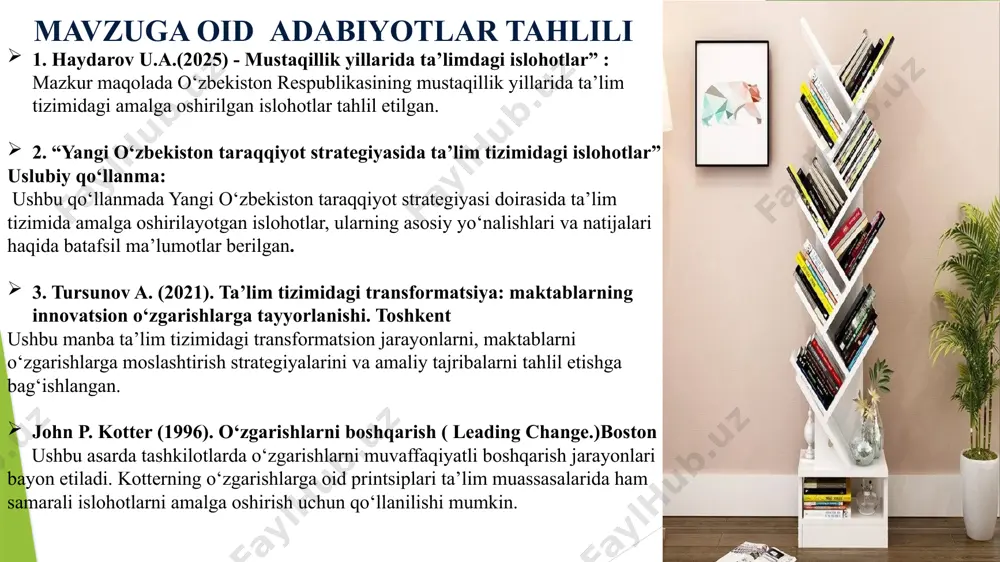 slublar va raqamli vositalardan foydalanish bo‘yicha muntazam treninglar, seminarlar va kurslar tashkil etilmoqda. latviya ta’lim tizimida maktablarni o'zgarishlarga tayyorlash bo'yicha keng qamrovli islohotlarni amalga oshirmoqda. ushbu islohotlar raqamlashtirish, fan va texnologiyaga oid ta’lim, hamda maktablar infratuzilmasini modernizatsiya qilishni o’z ichiga oladi. bugungi kunda zamonaviy elektron darsliklar va internetdan olinayotgan ma’lumotlardan unumli foydalanish maqsadida, o‘qituvchilar hamda o‘quvchilarning mediya-savodxonligini oshirish zarur. 3 o‘zbekiston maktablarida birinchi sinfdan boshlab ingliz tili darslari o‘tiladi. darslar o‘yin sifatida o‘tilib, o‘quvchilar chet tilini o‘rganishga qiziqishini oshirishga e’tibor qaratilgan. irlandiya maktablarida so‘nggi yillarda ta’lim tizimini zamonaviylashtirish va o‘quvchilarning ehtiyojlariga moslashtirish maqsadida keng qamrovli islohotlar amalga oshirilmoqda. boshlang‘ich ta’limdagi asosiy o‘zgarishlar: chet tillarni o‘rganish 2025-yildan boshlab, 3-sinfdan yuqoridagi o‘quvchilar haftasiga 1 soat fransuz yoki nemis tillarini o‘rganishni boshlaydilar. xorijiy davlatlardan nafaqat tajribali o‘qituvchilar balki chet ellik o‘quvchilarimiz tengdoshlarini tajriba almashish uchun yurtimizga taklif etish amaliyotini yo‘lga qo‘yish kerak. mavzuning qiyosiy tahlil etilganligi xulosa xulosa qilib aytganda maktablarni o‘zgarishlarga tayyorlash, …