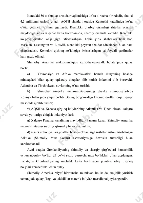 a tekisliklar materik bo`ylab meridional joylashgandir. makromintaqaning g`arbiy qismida kordelera tog`lari joylashgan bo`lsa, sharqida tekisliklar va past tog`lar mav-jud. makromintaqaning o`rtacha balandligi dengiz sathi-dan (g`arbda 1700 m va sharqa 200-300m) 720 m bo`lib, asosan kanada, lavrentiy qirlari, janubda markaziy tekis-liklar (katta qismi aqsh hududida), g`arbda kordilera tog`lari oldidagi buyuk tekisliklarga tutashib ketgan, markaziy tekisliklar sharqida appalachi tog`lari mavjud. kanada arktika arxipelagining sharqiy qismi va grenlandiya sohillari relyef tog`li o`lkalardan ibo-ratdir. makromintaqaning janubi-sharqida tor yo`lak hosil qilgan atlantika bo`yi past tekisligi va meksi-kaning past tekisligi iqtisodiy jihatdan kuchli darajada o`zlashtirilganligi bilan ajralib turadi. kordelera tog`lari tizimi ko`plab yoysimon tizimlardan iborat bo`lib, ular-dan g`arbda balandligi 1000-2000 m ichki yassi tog`lar va platolar mintaqasi mavjud. bu yassi tog`liklar supa-simon tekisliklar, tizmalar va soyliklar bo`lib, parallel yo`nalgan tog` zanjiridan iborat. alyaskadan to panama bo`yiga qadar kordelyera tog` tizmalari cho`zilib yotadi. hududning eng baland nuqtasi alyaska tizmasidagi mak-kinli cho`qqisi 6193 metrdir, eng past joyi kaliforni-yadagi …