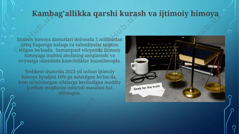 malga oshirilgan monitoring natijalariga ko'ra, ta'lim sohasidagi ijtimoiy majburiyatlarning 85%i to'liq bajarilgan, ammo 15%ida kamchiliklar aniqlangan. konstitutsiyaviy davlatning ijtimoiy majburiyatlari tushunchasi konstitutsiyaviy davlatning ijtimoiy majburiyatlari tushunchasi 1992-yilgi o‘zbekiston respublikasi konstitutsiyasining 26-moddasida aks ettirilgan bo‘lib, fuqarolarning asosiy huquq va erkinliklarini ta’minlash, jumladan, 10 million aholisi bo‘lgan toshkent shahri aholisining ijtimoiy himoyasini o‘z ichiga oladi. konstitutsiyaviy davlatning ijtimoiy majburiyatlari doirasida kamida 5 yil davomida ijtimoiy himoyaga muhtoj aholi qatlamlariga, masalan, nogironlarga, nafaqaxo‘rlarga va boshqalarga, davlat tomonidan kafolatlangan yordam ko‘rsatish nazarda tutiladi. e'tiboringiz uchun rahmat @taqdimot_robot image3.jpg image4.jpg image5.jpg image6.jpg image7.jpg image8.jpg image9.jpg image10.jpg image11.jpg image12.jpg image13.jpg image14.jpg image15.jpg image16.jpg image17.jpg image18.jpg image19.jpg image2.png