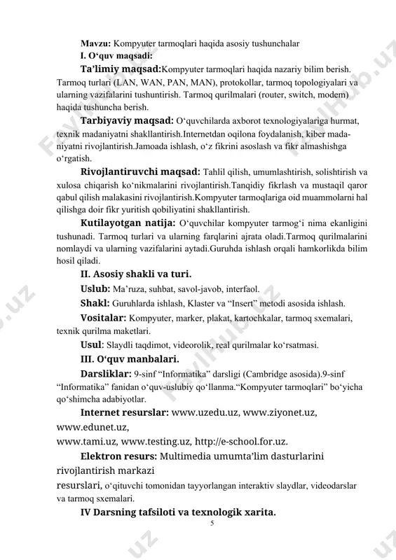 ” yoki “noto‘g‘ri” deb belgilang: 1. wi-fi bu — kabel orqali ulanadigan tarmoq. 2. kompyuter tarmog‘i ma’lumot almashish imkonini beradi. 3. router faqat matnli fayllarni uzata oladi. 4. lokal tarmoq (lan) kichik hududlar uchun mo‘ljallangan. javoblar: 1 – ❌ noto‘g‘ri, 2 – ✅ to‘g‘ri, 3 – ❌ noto‘g‘ri, 4 – ✅ to‘g‘ri 2. yangi mavzuni bayoni: ma’ruza qismi: kompyuter tarmoqlari, odatda, mintaqaviy tarmoq turi sifatida tasvirlanadi. siz eng koʻp duch keladigan tarmoq turlari lokal tarmoq (lan – local area network), mintaqaviy tarmoq (wan – wide area network) va simsiz lokal tarmoqdir(wlan–wireless-lan). lan bir-biriga bevosita yaqin joylashgan bir nechta kompyuter guruhini tarmoqqa birlashtirish imkonini beradi. odatda, lokal tarmoqdan maktabda, ofida va uyda foydalaniladi. lan oʻz tarkibidagi kompyuterlarga fayl, printer, oʻyin va shu kabi manbalardan birgalikda foydalanish imkoniyatini berishi bilan afzal hisoblanadi. wan tarmoq, odatda, nisbatan kengroq geografi hududlarni qamrab olish maqsadida lan tarmoqlarni oʻziga birlashtiradi. odatda, wan tarmoq shahar, mamlakat yoki …