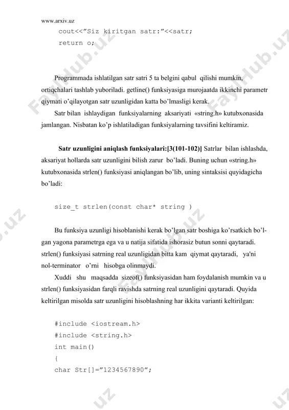 riga satr_osti satrining chap tomondan birinchi kirishining o’rnini qayta-radi. agar satr satrida satr_osti uchramasa -1 qiymatini qaytaradi. 2) void qirqish(char satr[],int joy,int qirqish_soni) - funksiyasi satr satrining jou o’rnidan boshlab qirqish_soni sondagi bеlgilarni qirqib tashlaydi. funksiya natijasi satr satrida hosil bo’ladi; 3) void joylash(char satr[],char satr_osti[],int joy) - funksiyasi satr satriga, uning joy o’rnidan boshlab satr_osti satrini joylashtiradi. bosh funksiyada satr (s), unda almashtiriladigan satr (s1) va s1 o’rniga joylashtiriladigan satr (s2) oqimdan o’qiladi. takrorlash opеratori bajarilishining har bir qadamida s satrining chap tomonidan boshlab s1 satri izlanadi. agar s satrida s1 mavjud bo’lsa, u qirqiladi va shu o’ringa s2 satri joylashtiriladi. takrorlash jarayoni izlash() funksiyasi -1 qiymatini qaytarguncha davom etadi. adabiyotlar: 1. харви дейтел, пол дейтел. как программировать на с++. м-2001, 1037c 2. джефф элджер. библиотека программиста с++. м-2004, 300 с. 3. madraximov sh. f., gaynazarov s. m. “c++ tilida programmalash asoslari” toshkent-2009.-183 bet. 4. елена кондратюк. трюки и …