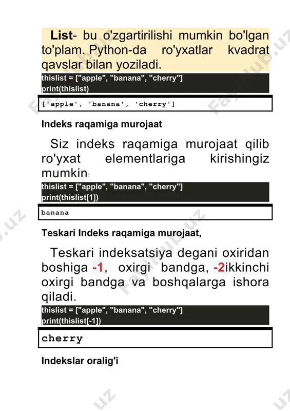 g : thislist = ["apple", "banana", "cherry"] print(len(thislist)) 3 elementlarni qo'shish. ro'yxat oxiriga biror narsa qo'shish uchun append() usulidan foydalaning: thislist = ["apple", "banana", "cherry"] thislist.append("orange") print(thislist) ['apple', 'banana', 'cherry', 'orange'] elementni olib tashlash. ro'yxatdan elementlarni olib tashlashning bir necha usullari mavjud: remove() usuli belgilangan ob'ektni tozalaydi: thislist = ["apple", "banana", "cherry"] thislist.remove("banana") print(thislist) ['apple', 'cherry'] pop()usuli belgilangan katalog, (yoki indeks ko'rsatilmagan bo'lsa oxirgi elementni) olib tashlanadi: thislist = ["apple", "banana", "cherry"] thislist.pop() print(thislist) ['apple', 'banana'] delkalit so'z belgilangan katalog olib tashlanadi: thislist = ["apple", "banana", "cherry"] del thislist[0] print(thislist) ['banana', 'cherry'] izoh: delkalit so'z ham butunlay ro'yxatini o'chirishingiz mumkin: clear()usuli ro'yxatini bo'shatmoqda: thislist = ["apple", "banana", "cherry"] thislist.clear() print(thislist) [] list ni nusxalash. siz oddiygina yozib ro'yxatini nusxa olmaydi list2= list1: chunki, list2 faqat bir o'ladi yozuvlar uchun list1, va qilingan o'zgarishlar list1avtomatik ravishda ham amalga oshiriladi list2. nusxalashning usullari mavjud, bittasi - o'rnatilgan ro'yxat usulidan foydalanish copy(). thislist …