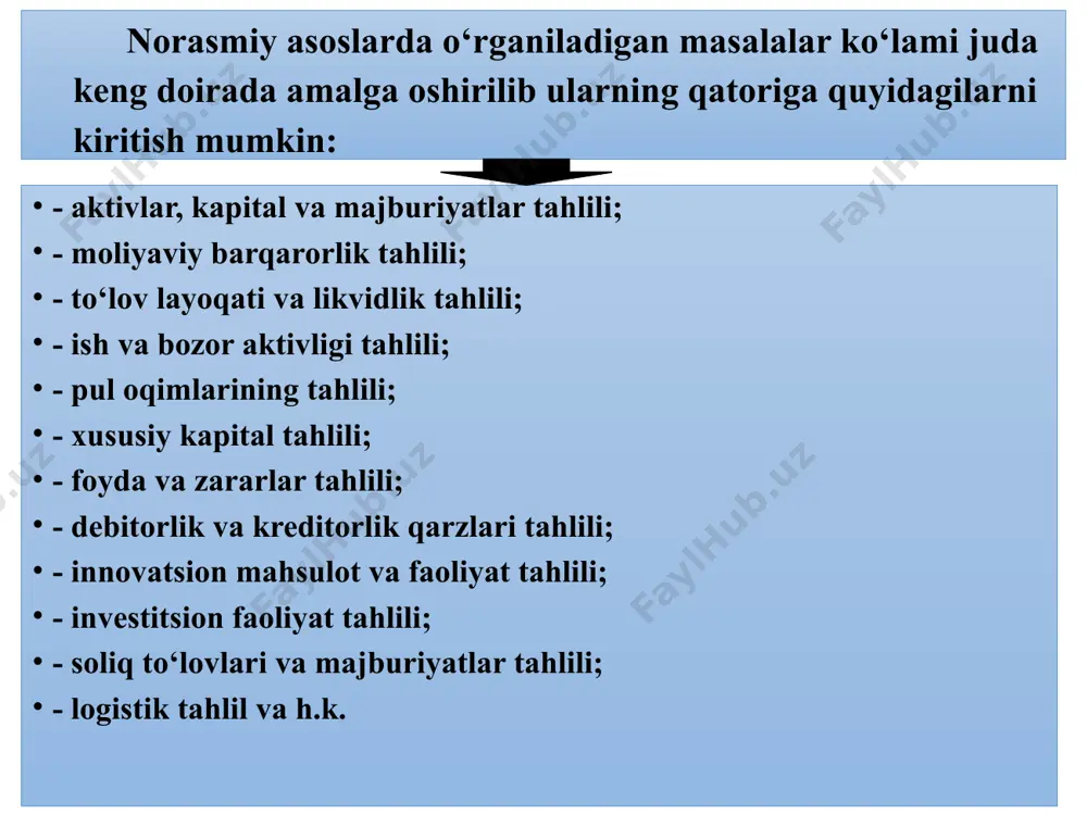 yektining rahbari amalga oshirishi qayd etiladi hamda buxgalteriya hisobi subyektining rahbari qanday huquqlarga ega ekanligi tarkiblanadi. ushbu huquqlar qatorida: buxgalteriya hisobi xizmatining rahbari boshchiligida buxgalteriya hisobi xizmatini tashkil etish yoki shartnoma asosida jalb qilingan buxgalter xizmatidan foydalanish; buxgalteriya hisobini yuritishni ixtisoslashtirilgan tashkilotga (auditorlik tashkilotlari, soliq maslahatchilari tashkilotlari va ustavida buxgalteriya hisobini yuritish bo‘yicha xizmat ko‘rsatish nazarda tutilgan boshqa tashkilotlar) shartnoma asosida yuklashi; buxgalteriya hisobini mustaqil yuritishi qayd etiladi. buxgalteriya hisobi va hisobotini tashkil etishning ushbu tartiblari bevosita, moliyaviy tahlilga nisbatan ham to‘la mos deyish mumkin. tahlilni tashkil etish shakli sifatida ichki moliyaviy tahlilni tashkil etilishi va tashqi moliyaviy tahlilni tashkil etilishini tarkiblash maqsadga muvofiqdir. tashqi moliyaviy tahlil cheklangan axborotlarni aks ettiruvchi moliyaviy hisobot shakllari asosida xo‘jalik yurituvchi subyektlarning moliyaviy holatini o‘rganishni xarakterlaydi va korxona erishgan natijalarining barcha sirlarini ochib berish imkonini bermaydi. ushbu tahlil ichki axborot bazasidan foydalanish imkoniga ega bo‘lmagan, korxona faoliyati bilan qiziquvchi kontragentlar, mulk egalari yoki davlat …